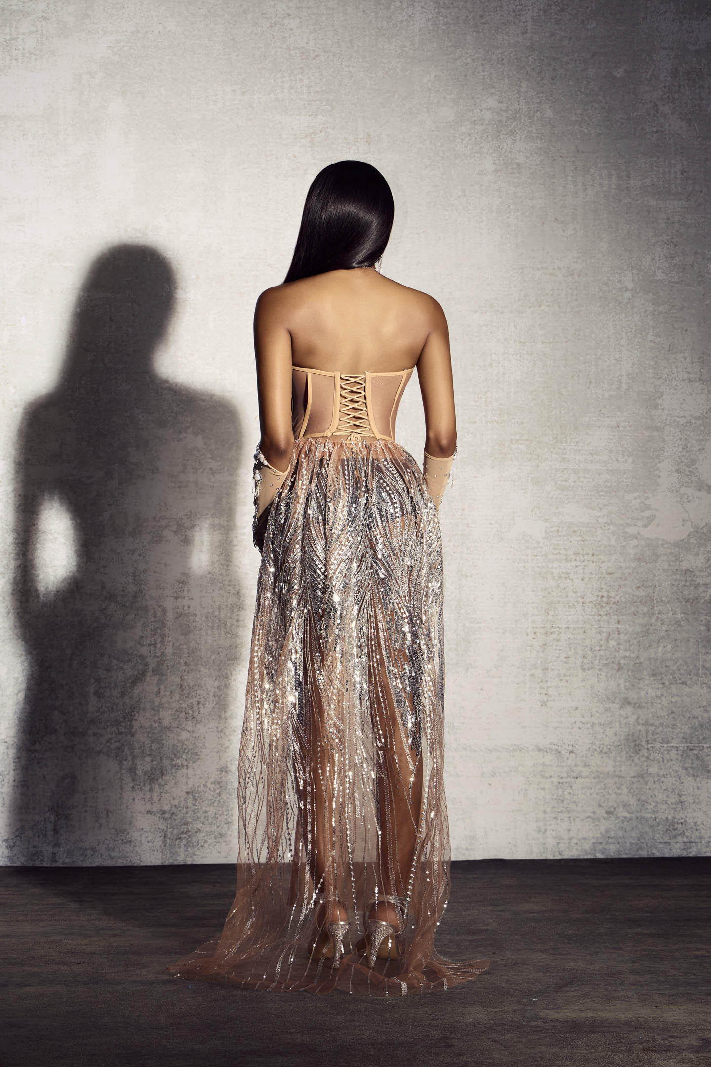 Elaine Diamond Embellished Corset Sheer Maxi Dress