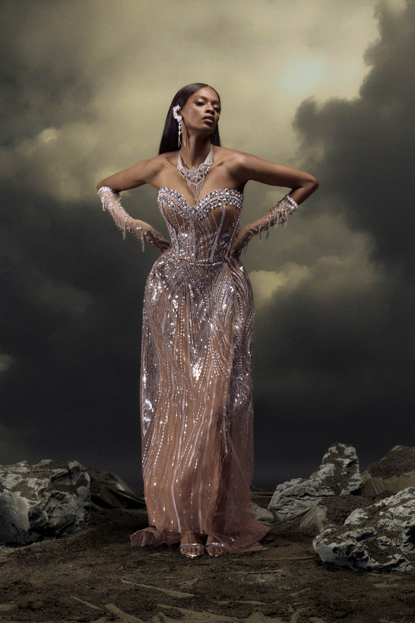 Elaine Diamond Embellished Corset Sheer Maxi Dress