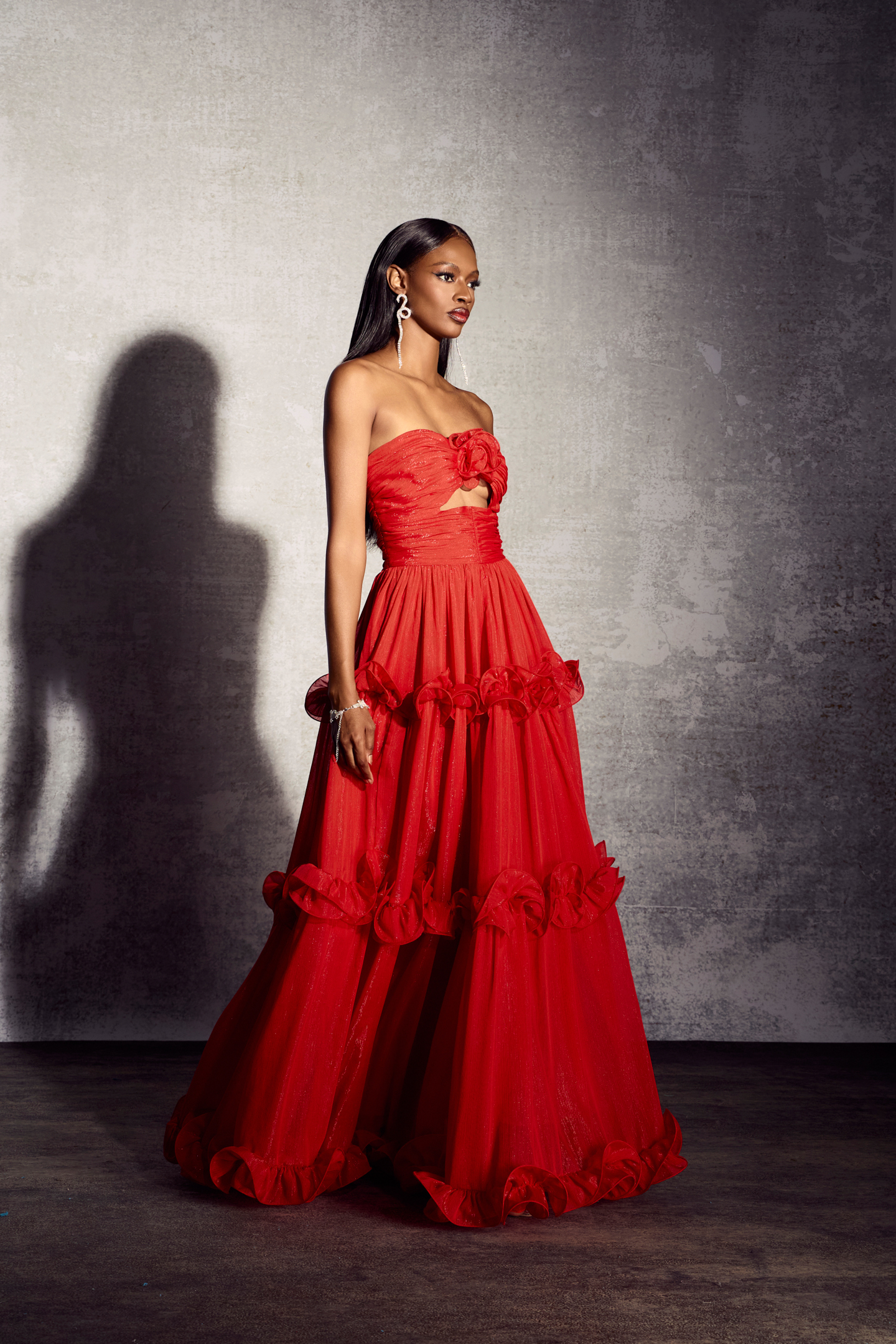 Erica Pleated Ruffle Matallic Chiffon Maxi Dress