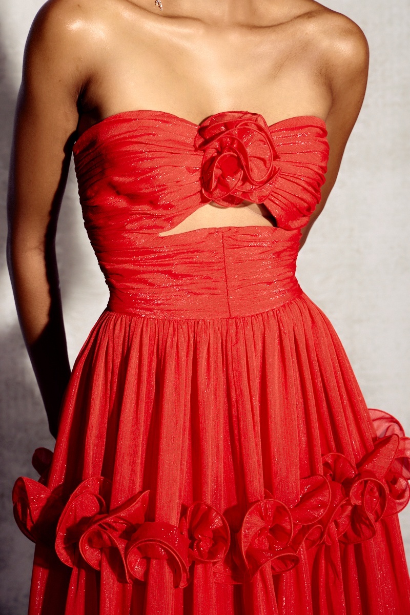 Erica Pleated Ruffle Matallic Chiffon Maxi Dress
