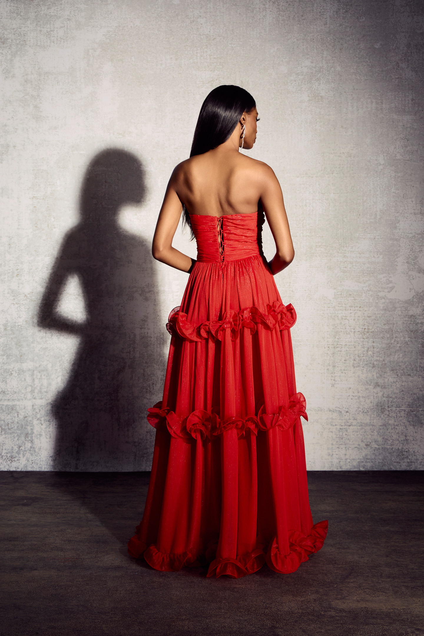 Erica Pleated Ruffle Matallic Chiffon Maxi Dress