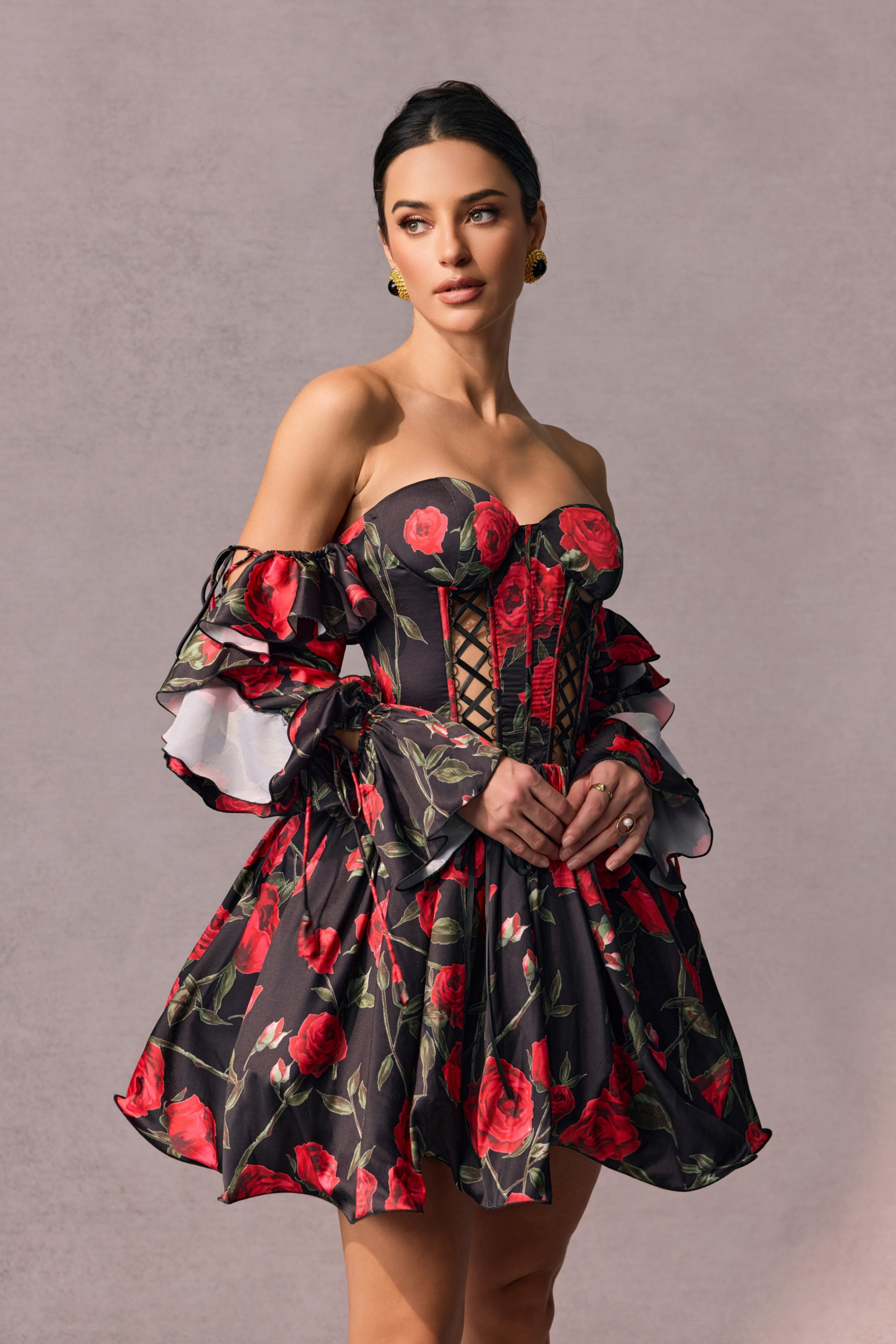 Vestido mini corsé con hombros al descubierto Elizabeth Rose Print