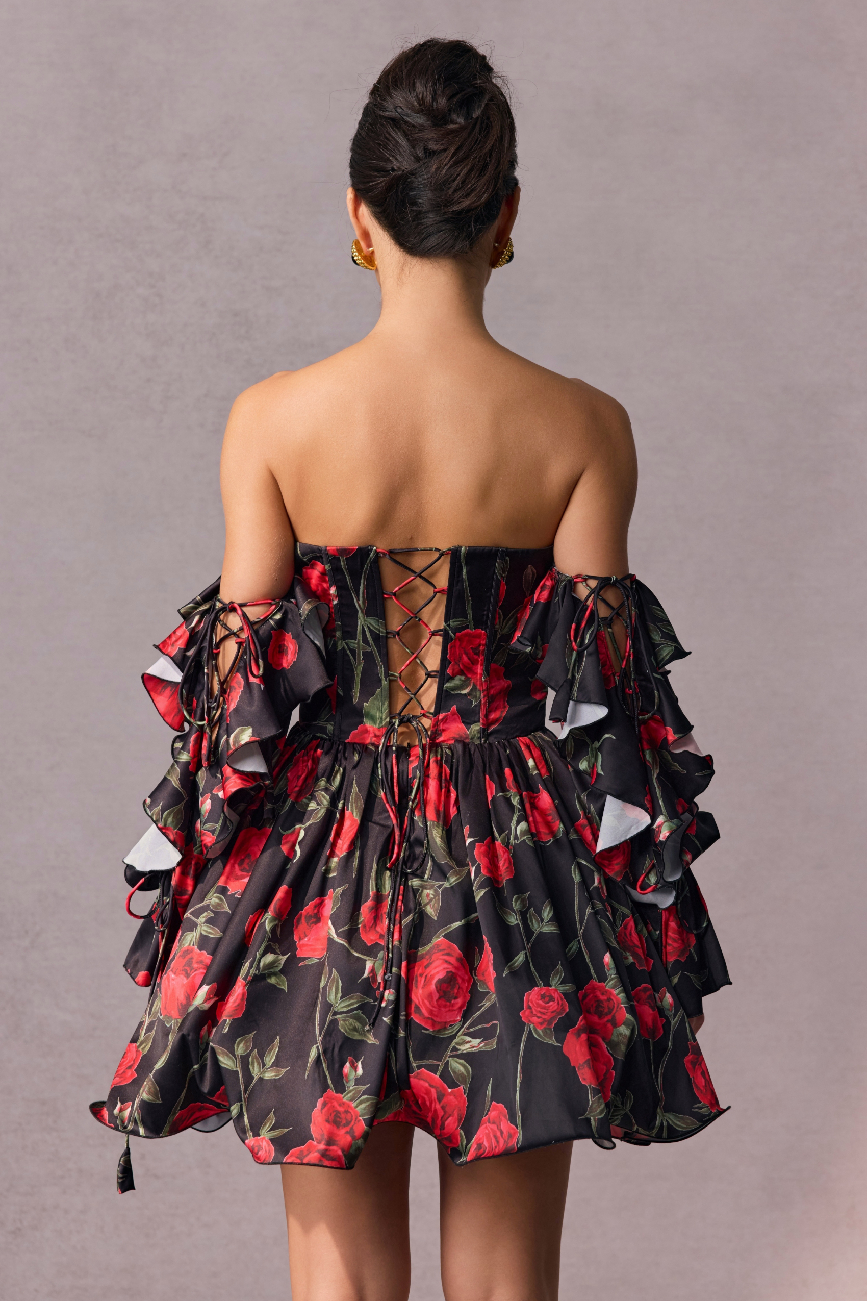 Vestido mini corsé con hombros al descubierto Elizabeth Rose Print
