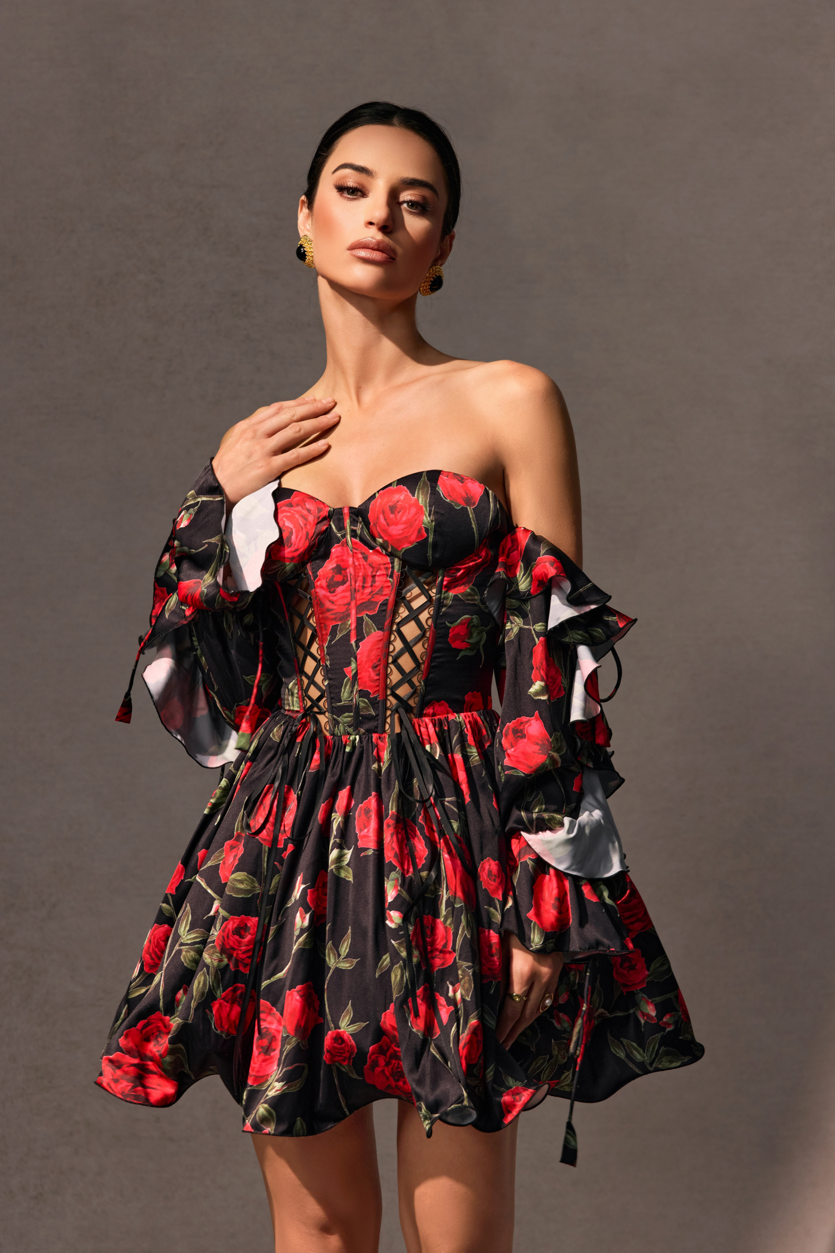 Elizabeth Rose Print Off Shoulder Corset Mini Dress