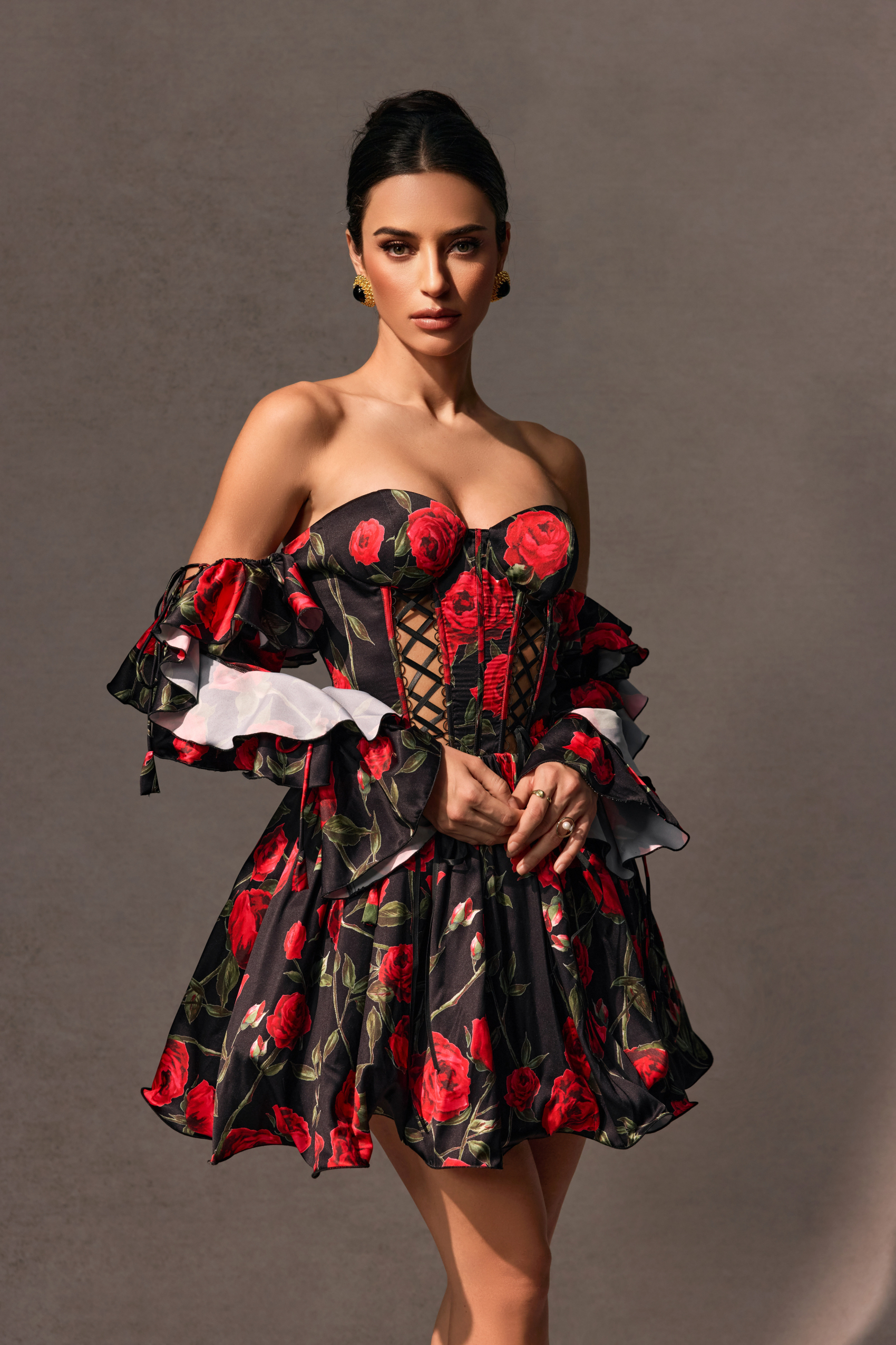 Elizabeth Rose Print Off Shoulder Corset Mini Dress