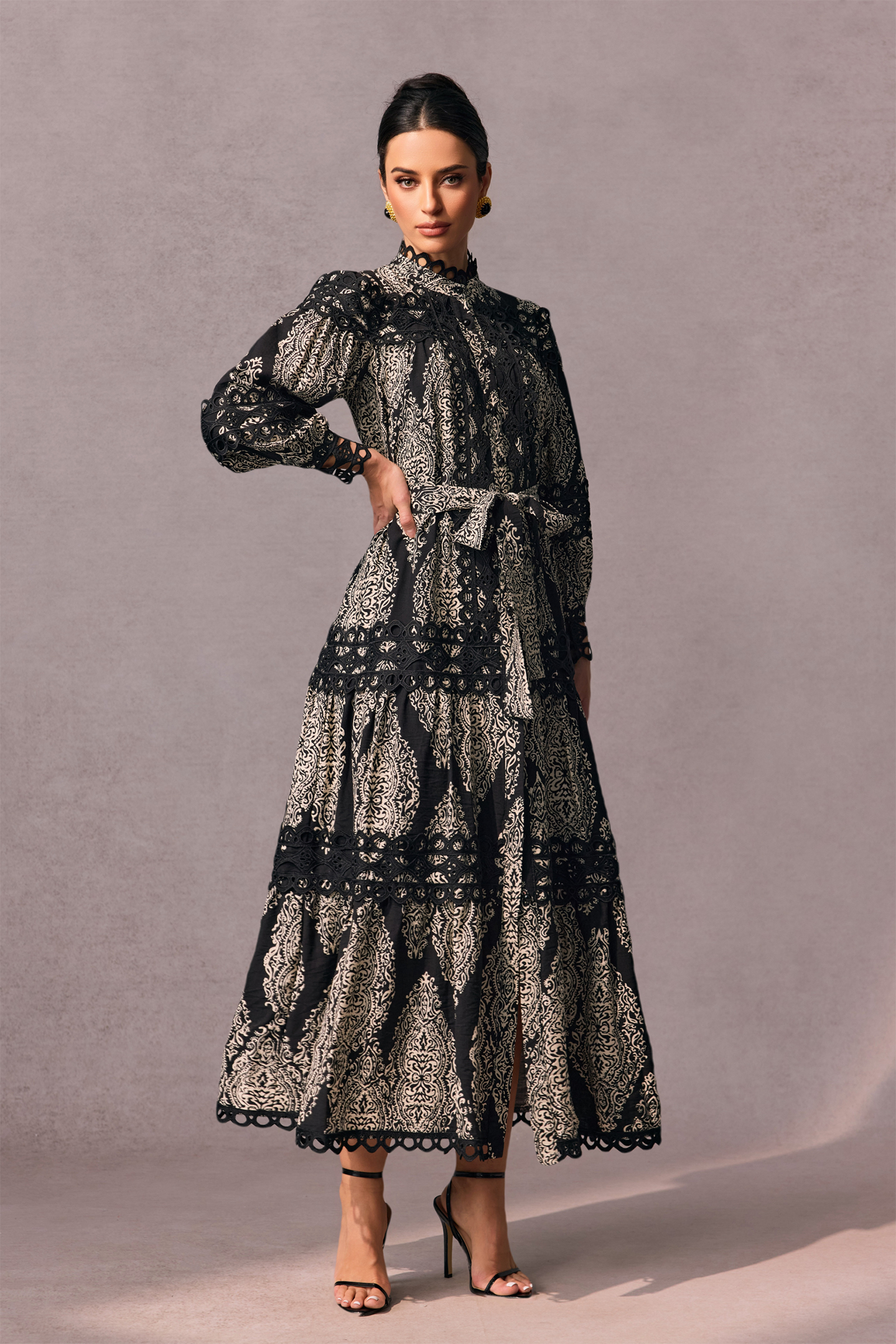 Ophelia Printed Lace Trim Maxi Dress