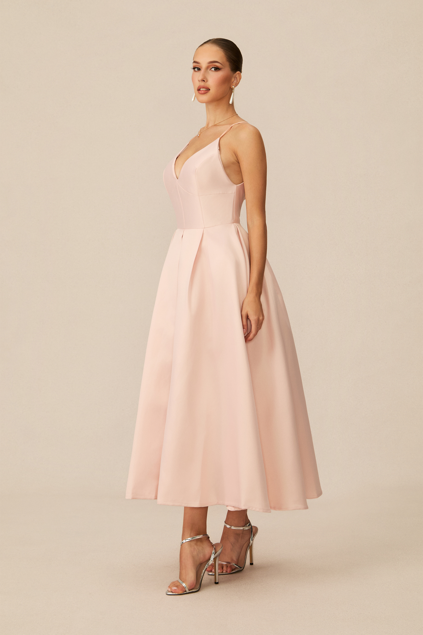 Enchant My Love Pink V-Neck Spaghetti Straps Midi Dress