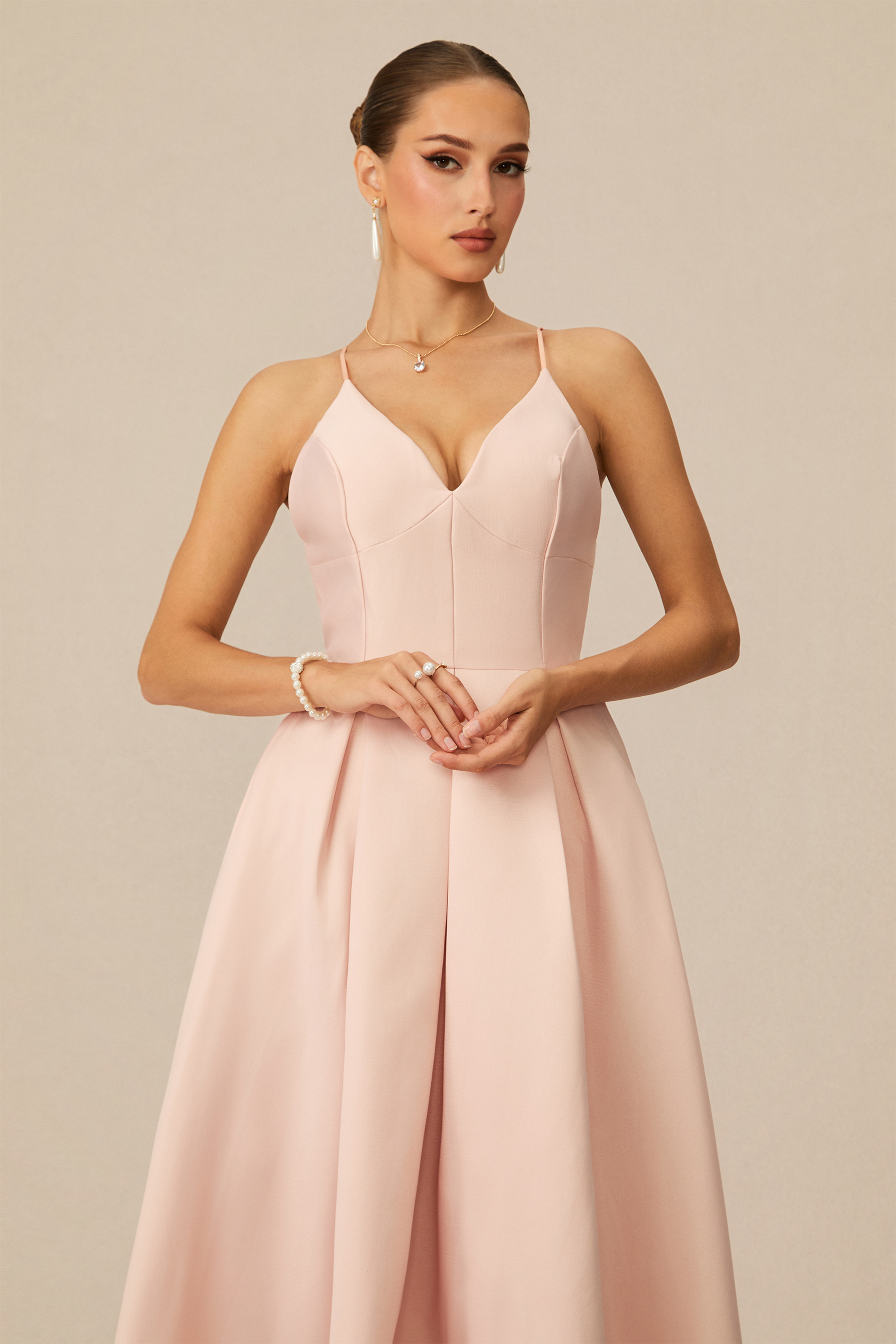 Enchant My Love Pink V-Neck Spaghetti Straps Midi Dress