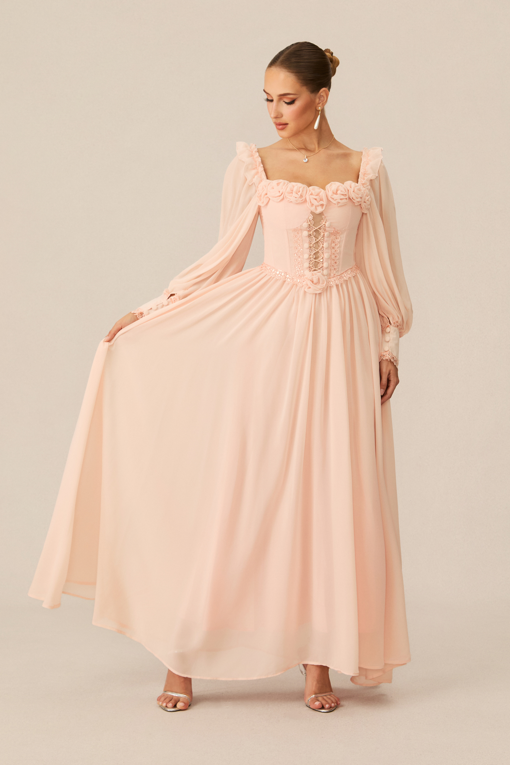 Enticing Aesthetic Apricot Rosette Trim Maxi Dress