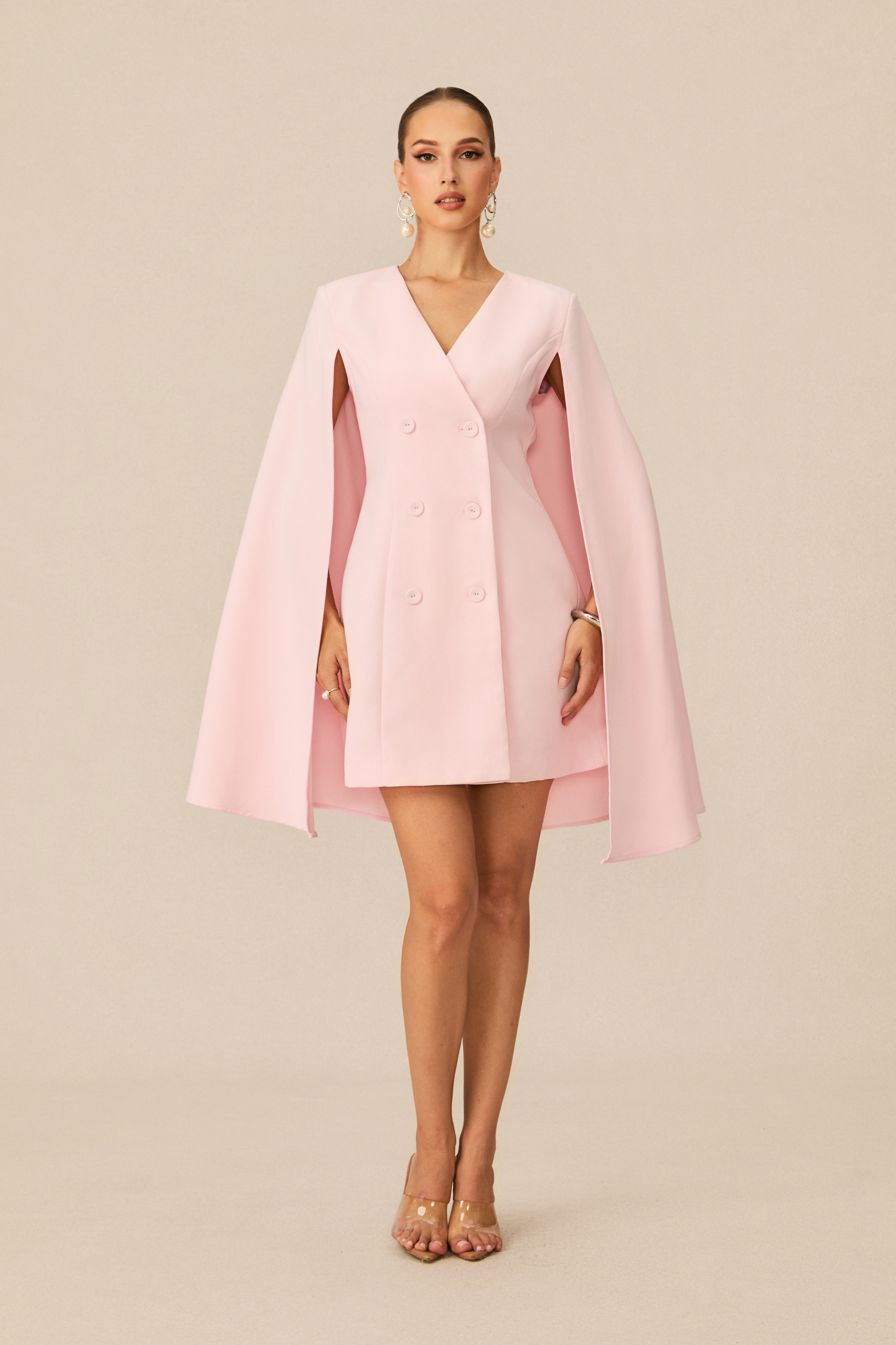 Elegant Powder Pink Double Breasted Cape Mini Dress