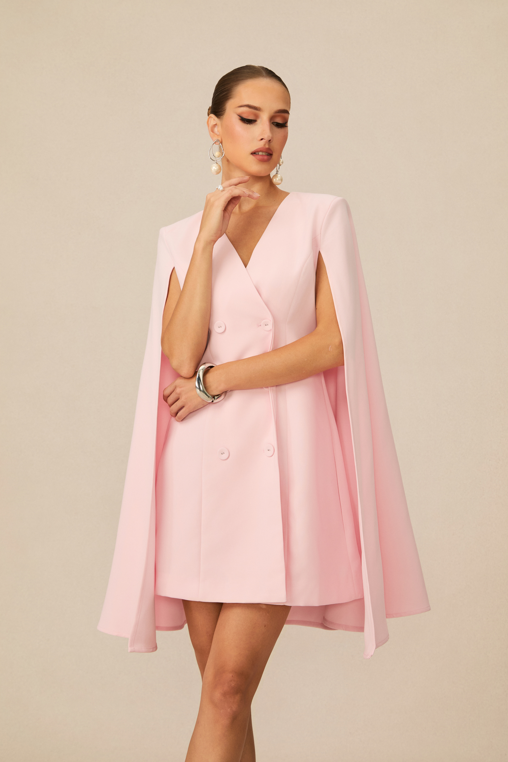 Elegant Powder Pink Double Breasted Cape Mini Dress
