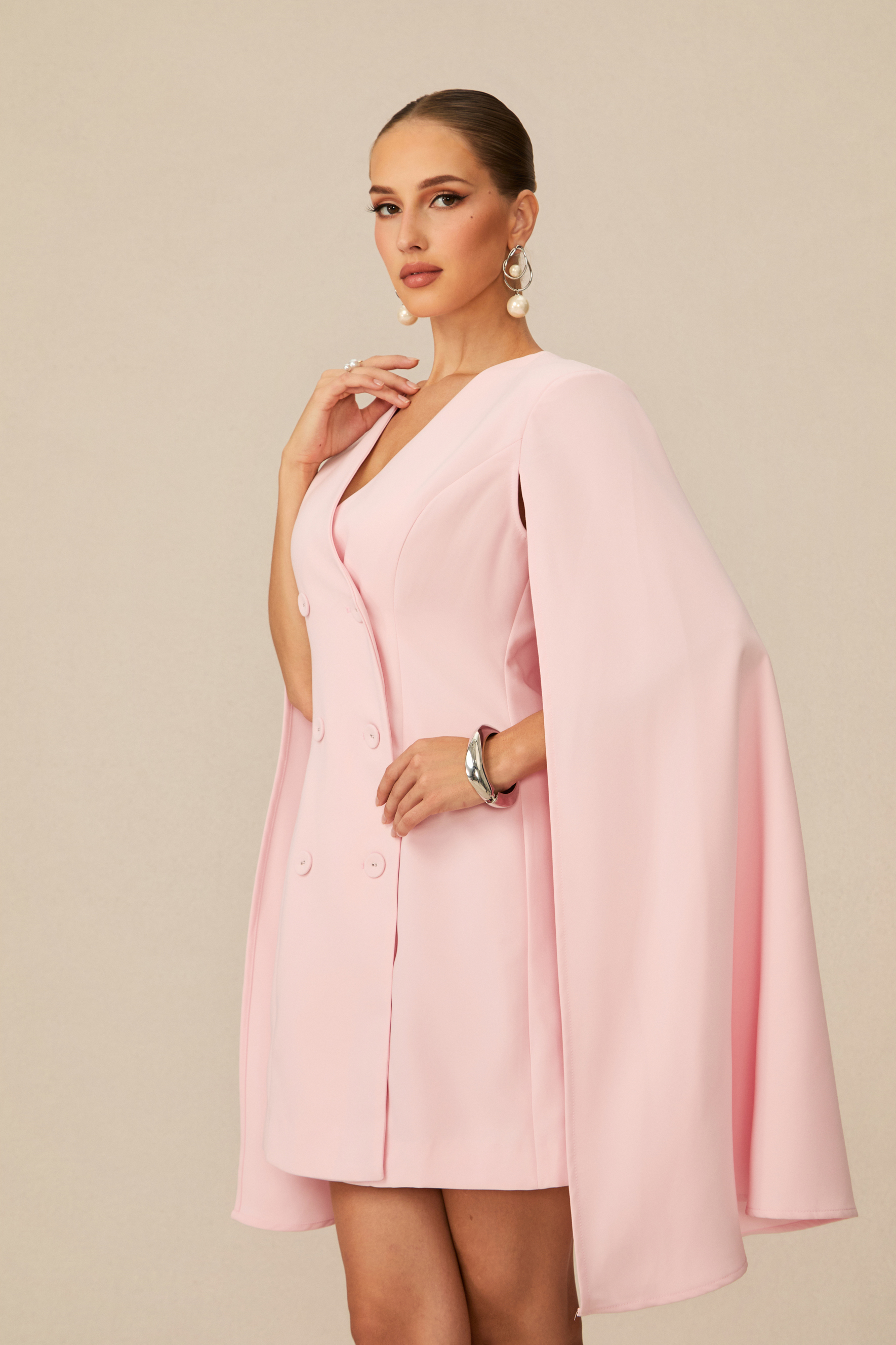 Elegant Powder Pink Double Breasted Cape Mini Dress