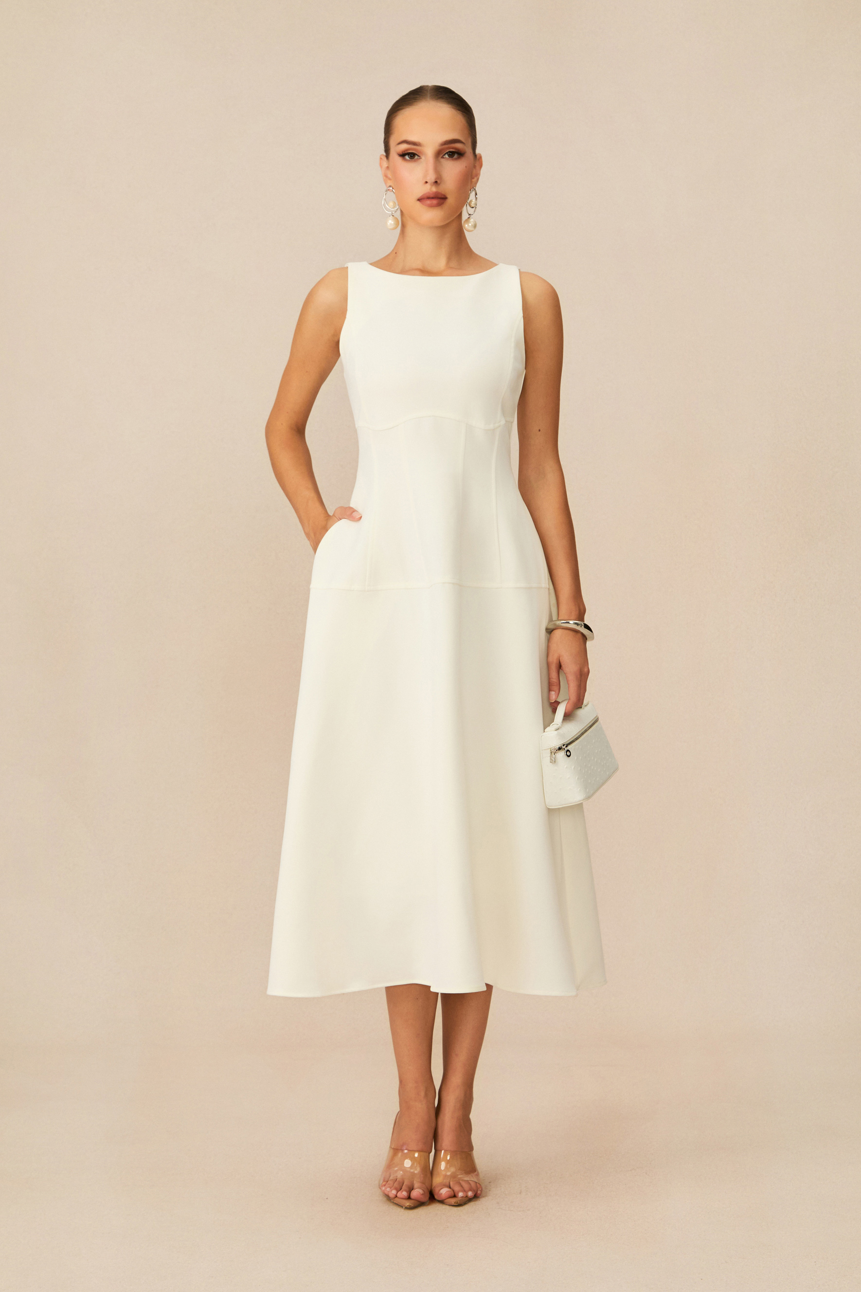 Classic Charm White Sleeveless Midi Dress