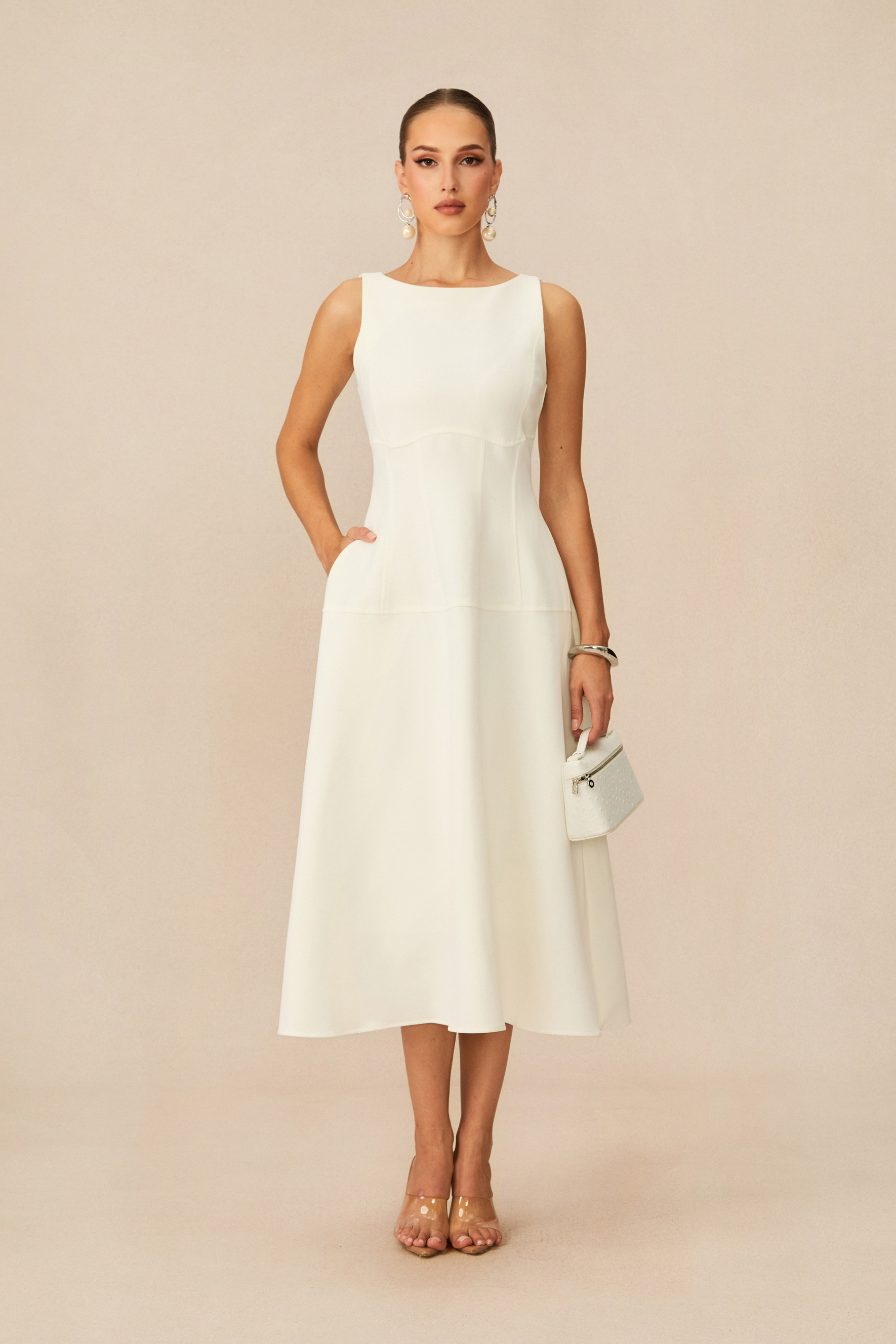 Classic Charm White Sleeveless Midi Dress