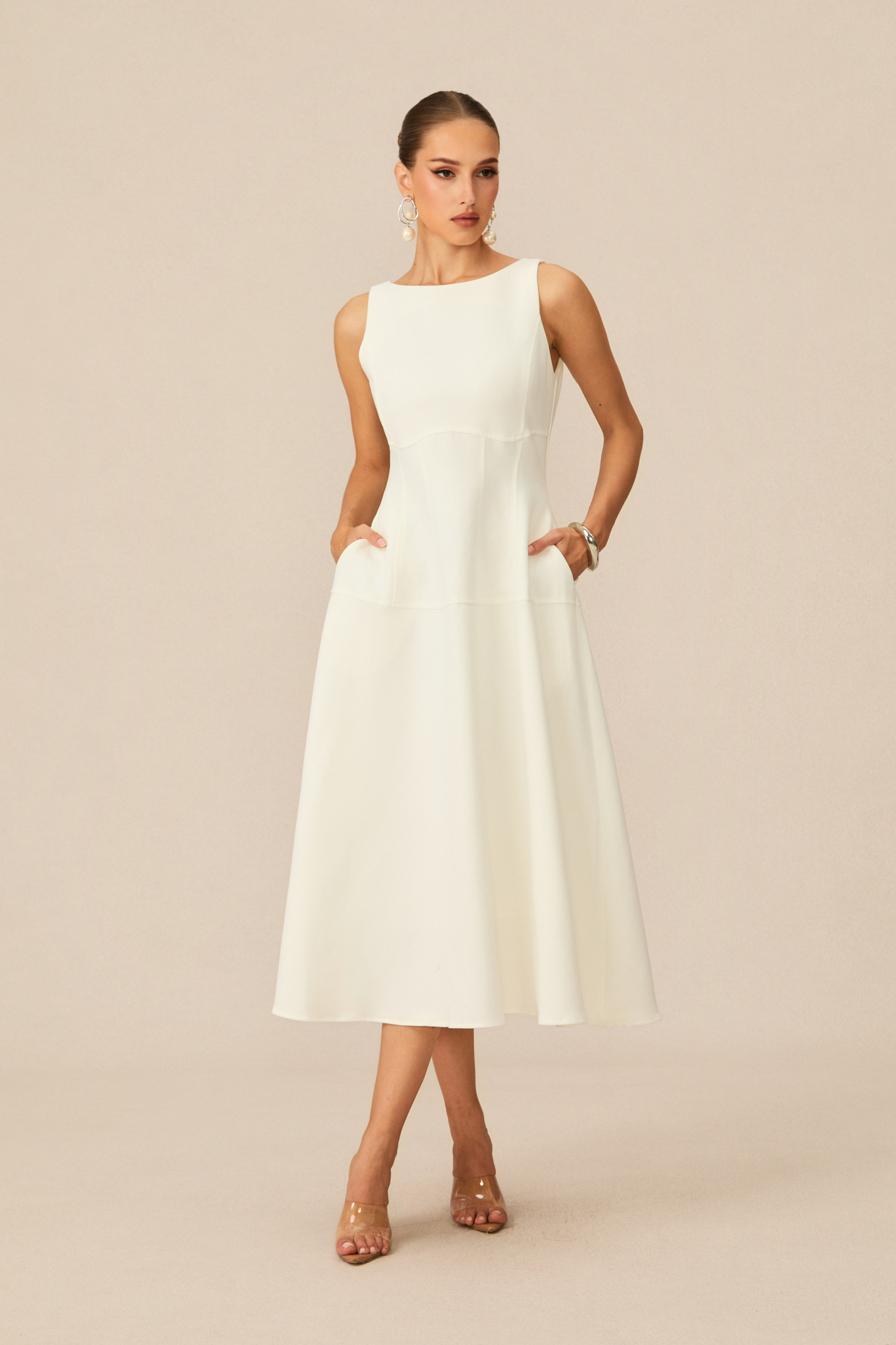 Classic Charm White Sleeveless Midi Dress