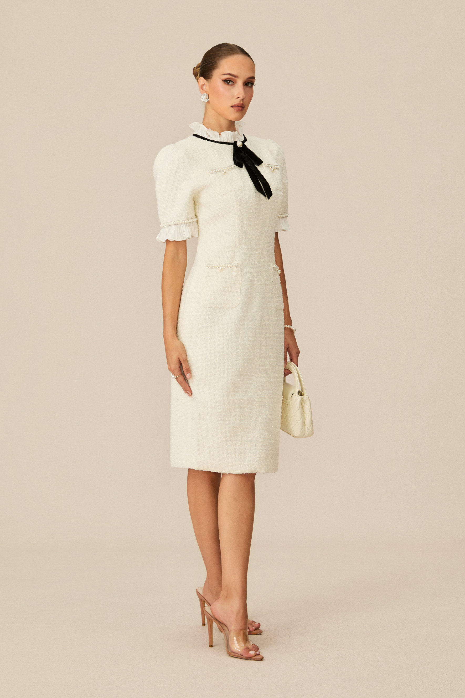 Precious And Perfect White Velvet Bow Ruffled Mini Dress