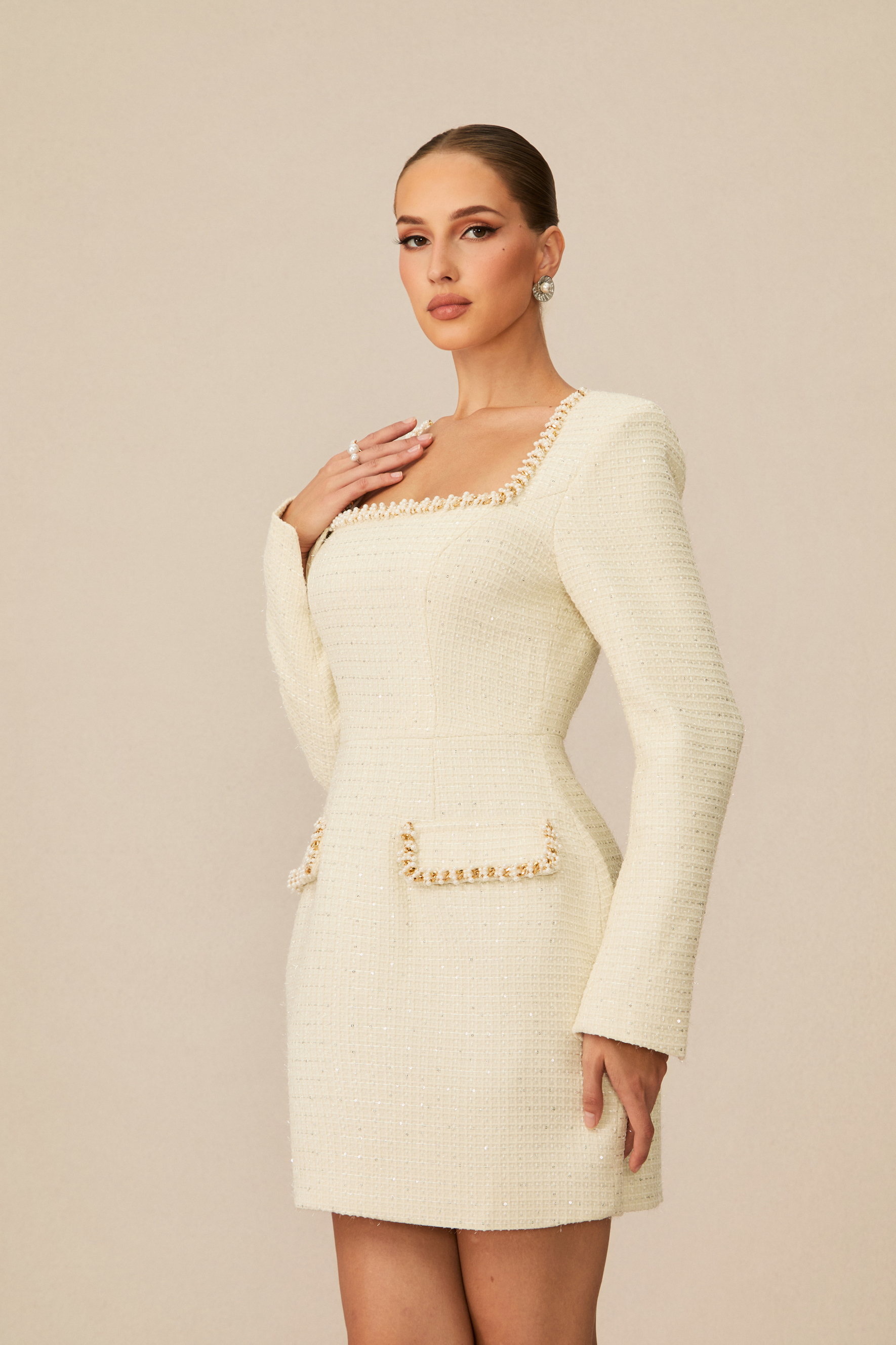 Isabela Pearl Trim Square Neck Tweed Mini Dress