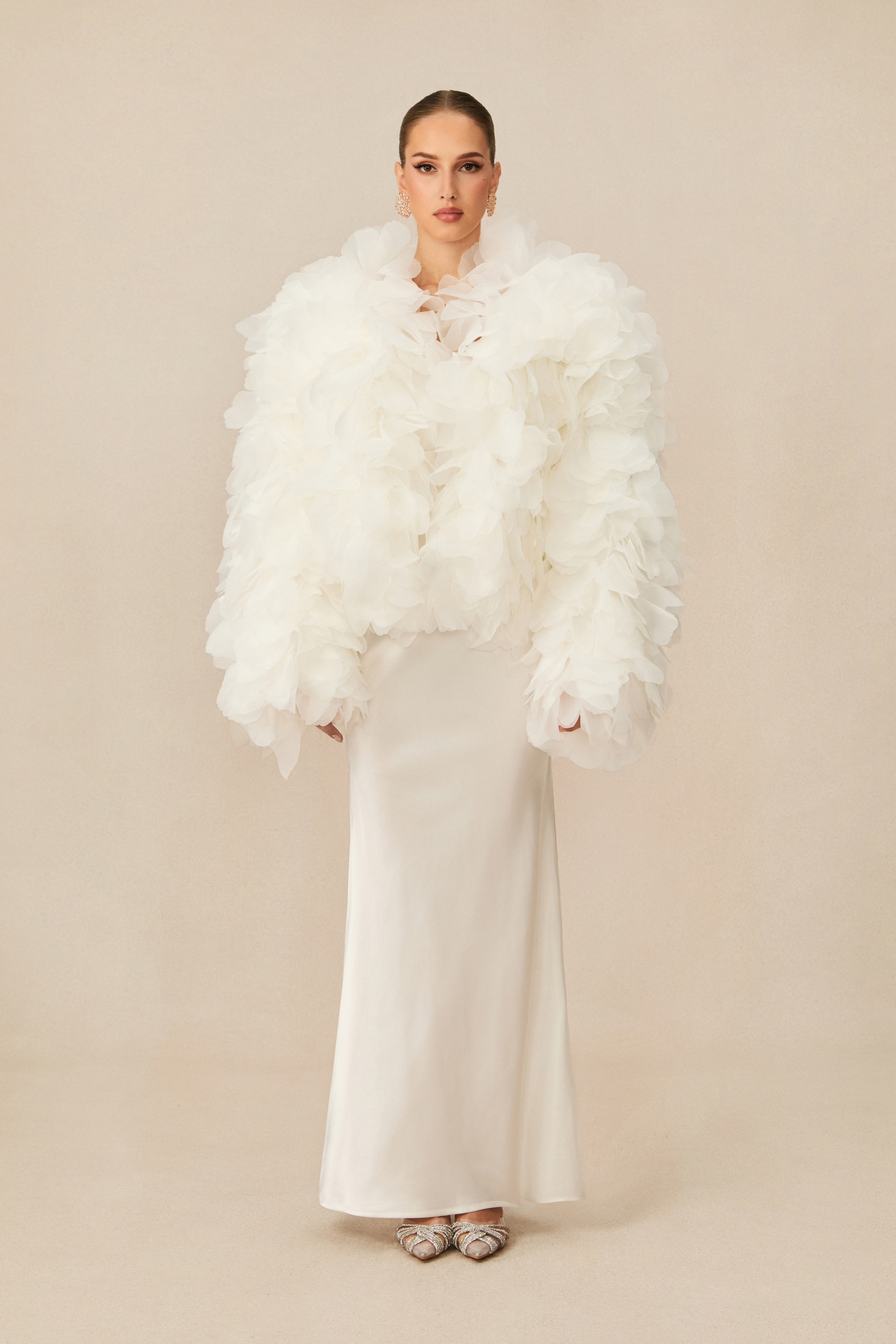 Demure And Dreamy White Floral Jacket & Satin Maxi Dress