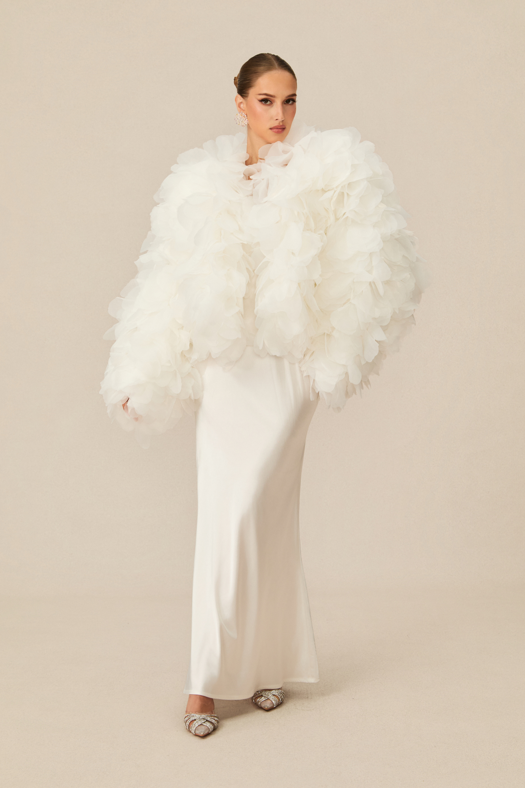 Demure And Dreamy White Floral Jacket & Satin Maxi Dress