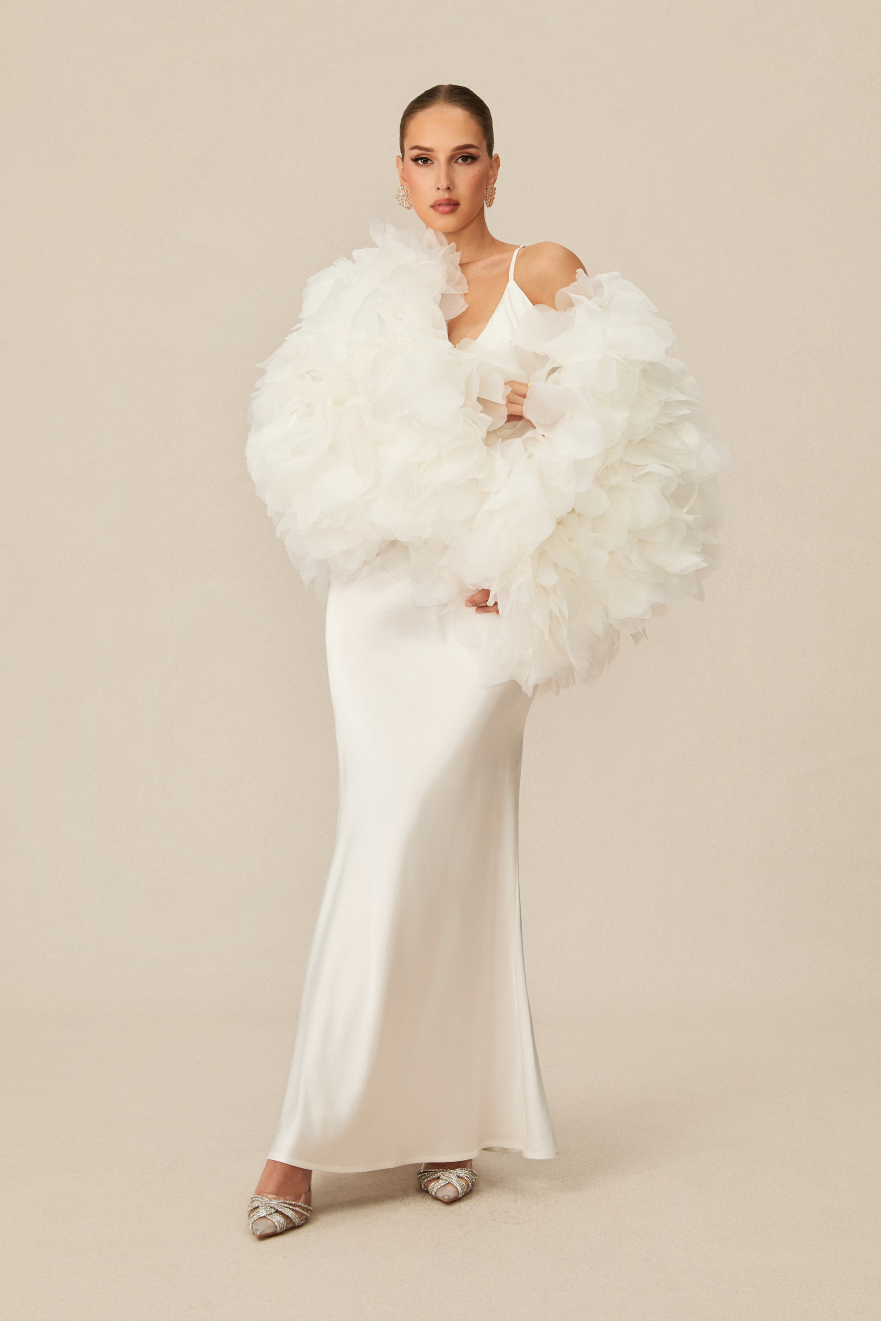 Demure And Dreamy White Floral Jacket & Satin Maxi Dress