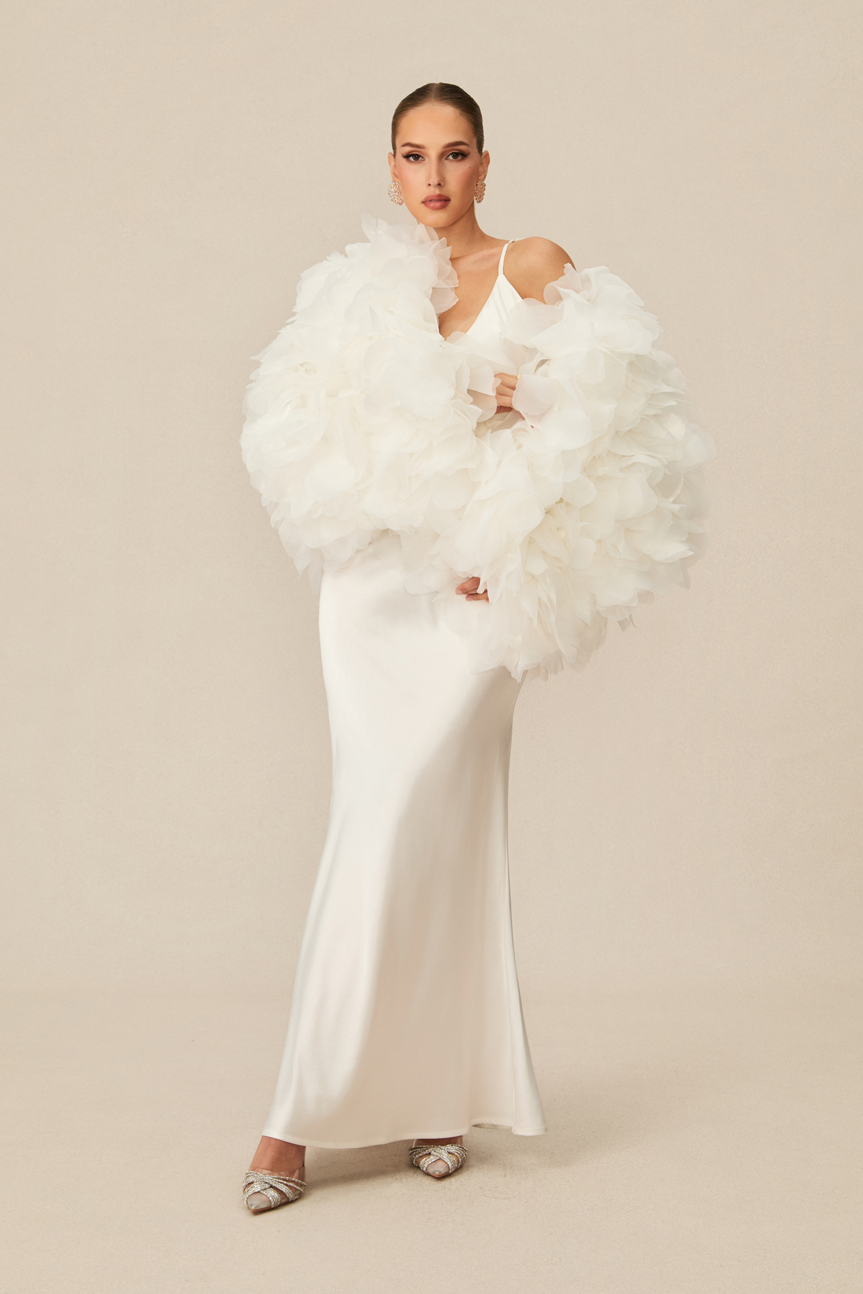 Demure And Dreamy White Floral Jacket & Satin Maxi Dress