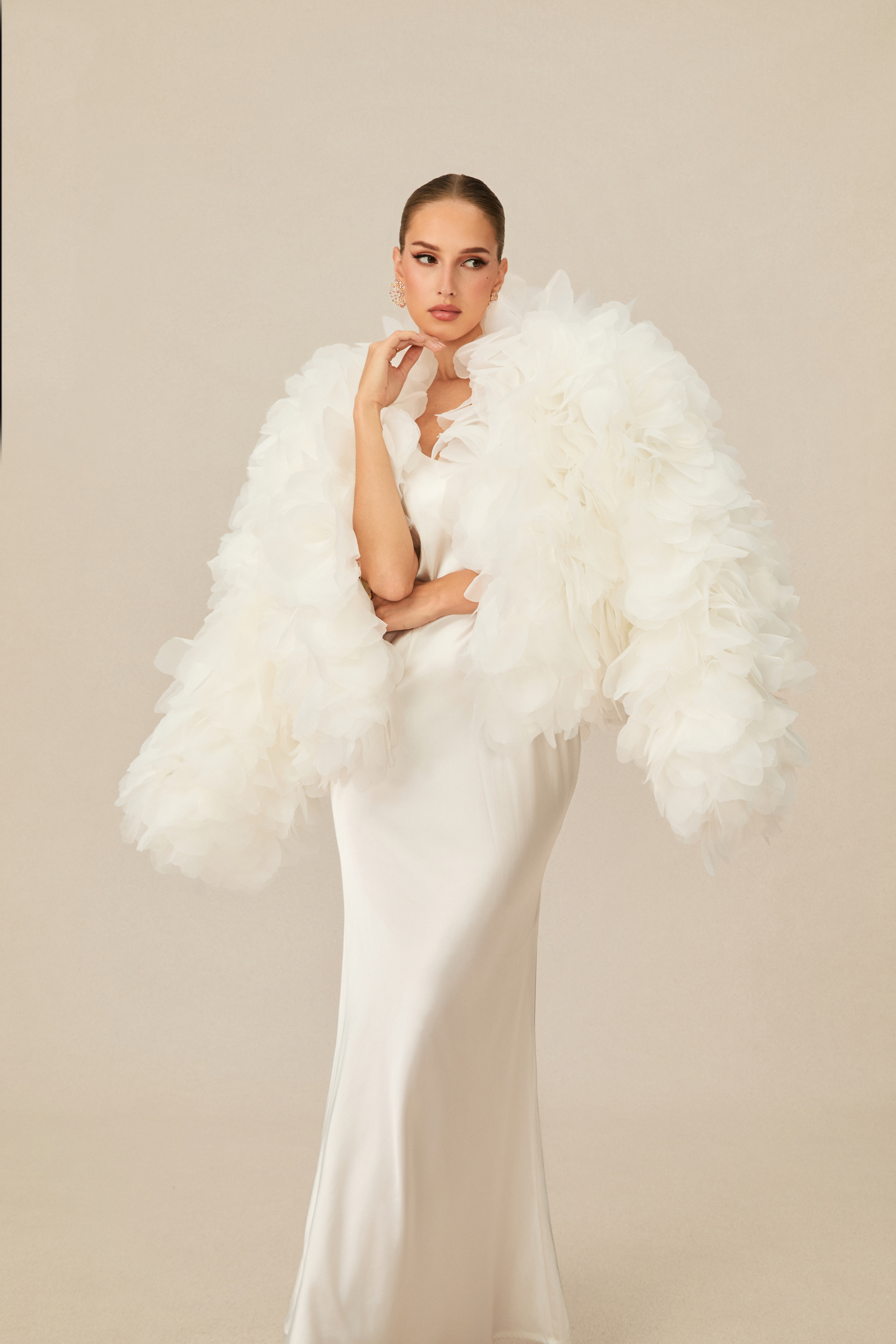 Demure And Dreamy White Floral Jacket & Satin Maxi Dress