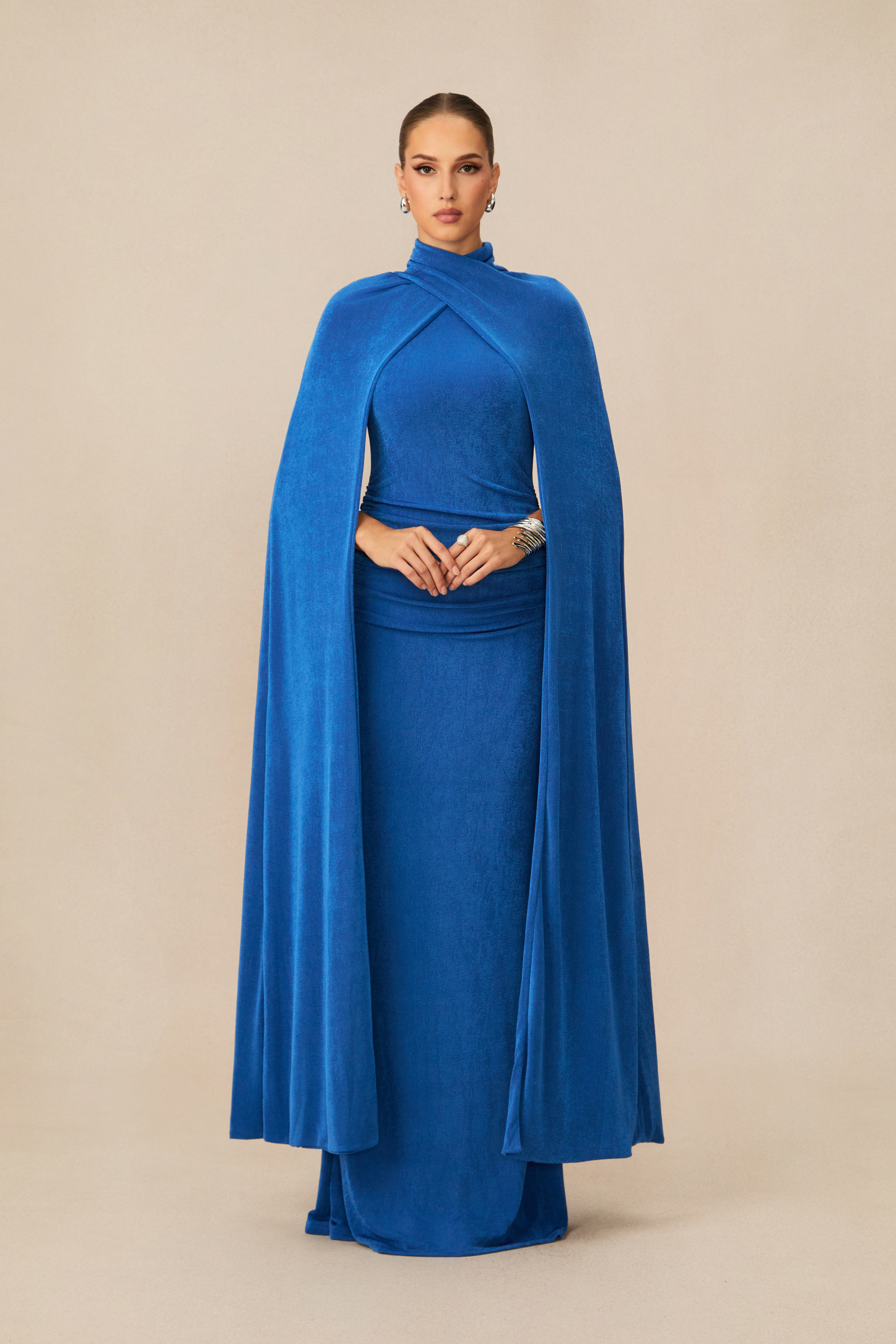 Dramatic Stunner Blue Cape Sleeve Maxi Dress