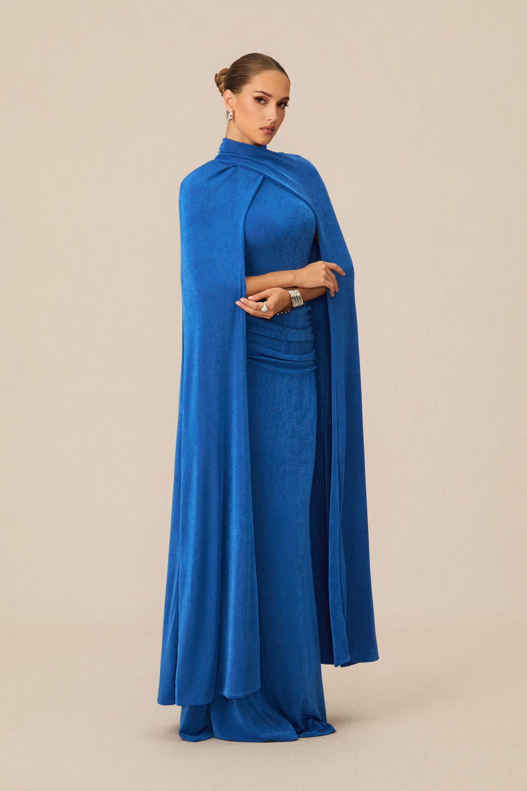 Dramatic Stunner Blue Cape Sleeve Maxi Dress