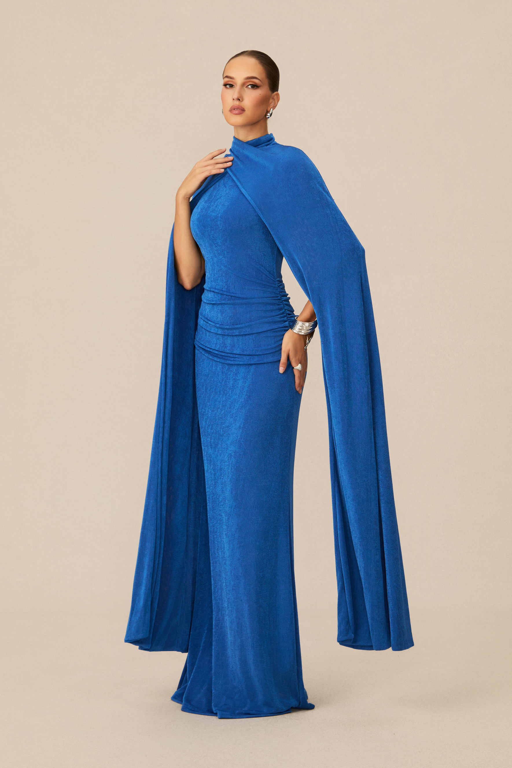 Dramatic Stunner Blue Cape Sleeve Maxi Dress