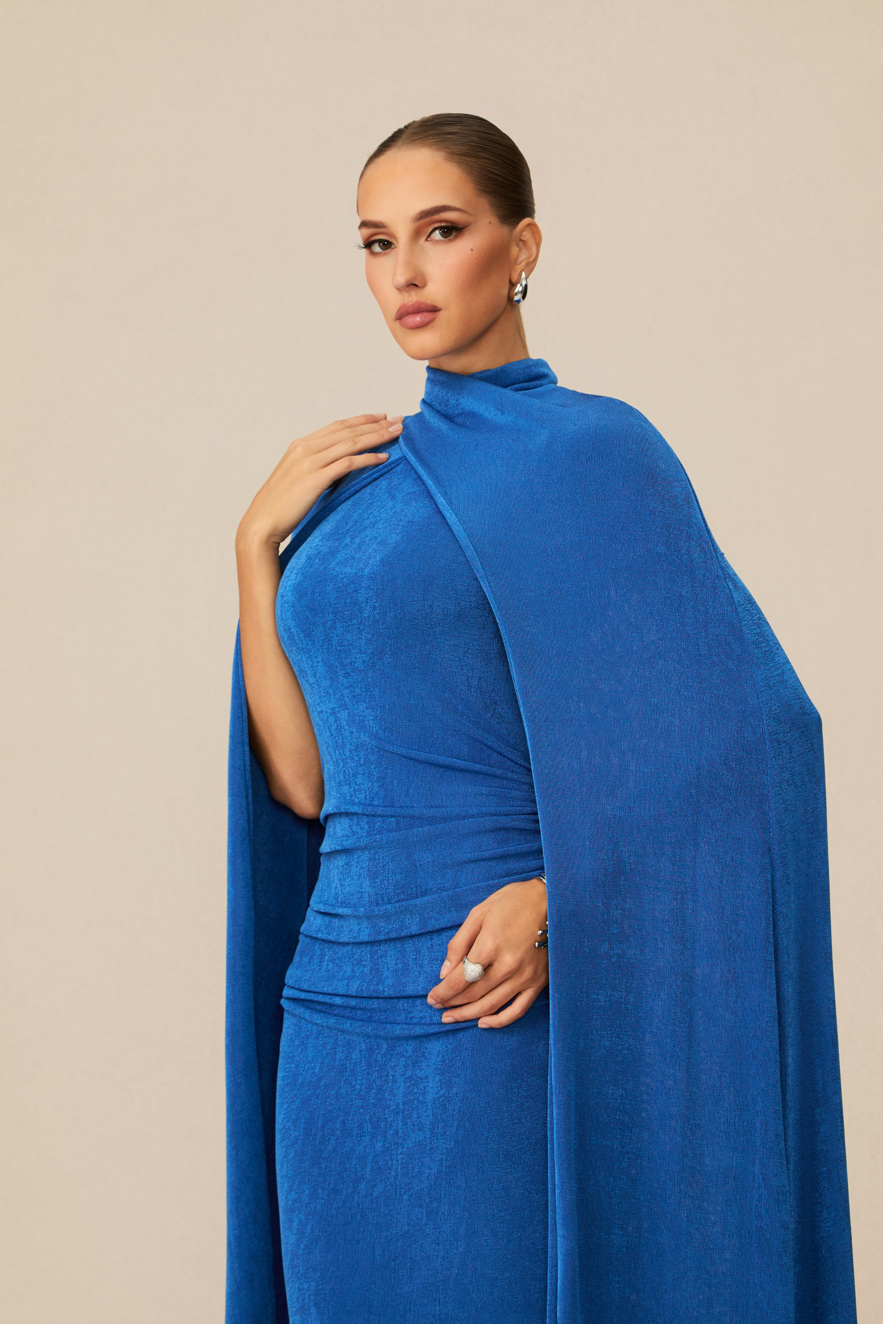 Dramatic Stunner Blue Cape Sleeve Maxi Dress