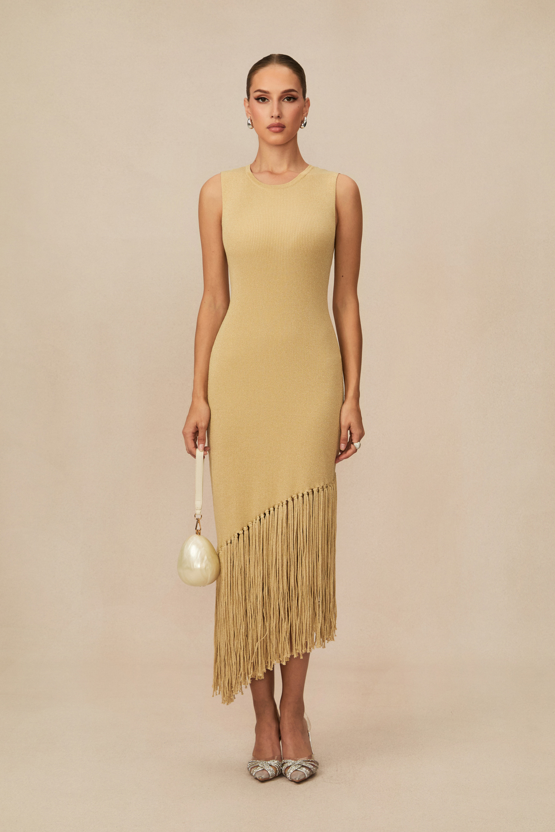 Easily Gorgeous Beige Fringe Knit Midi Dress