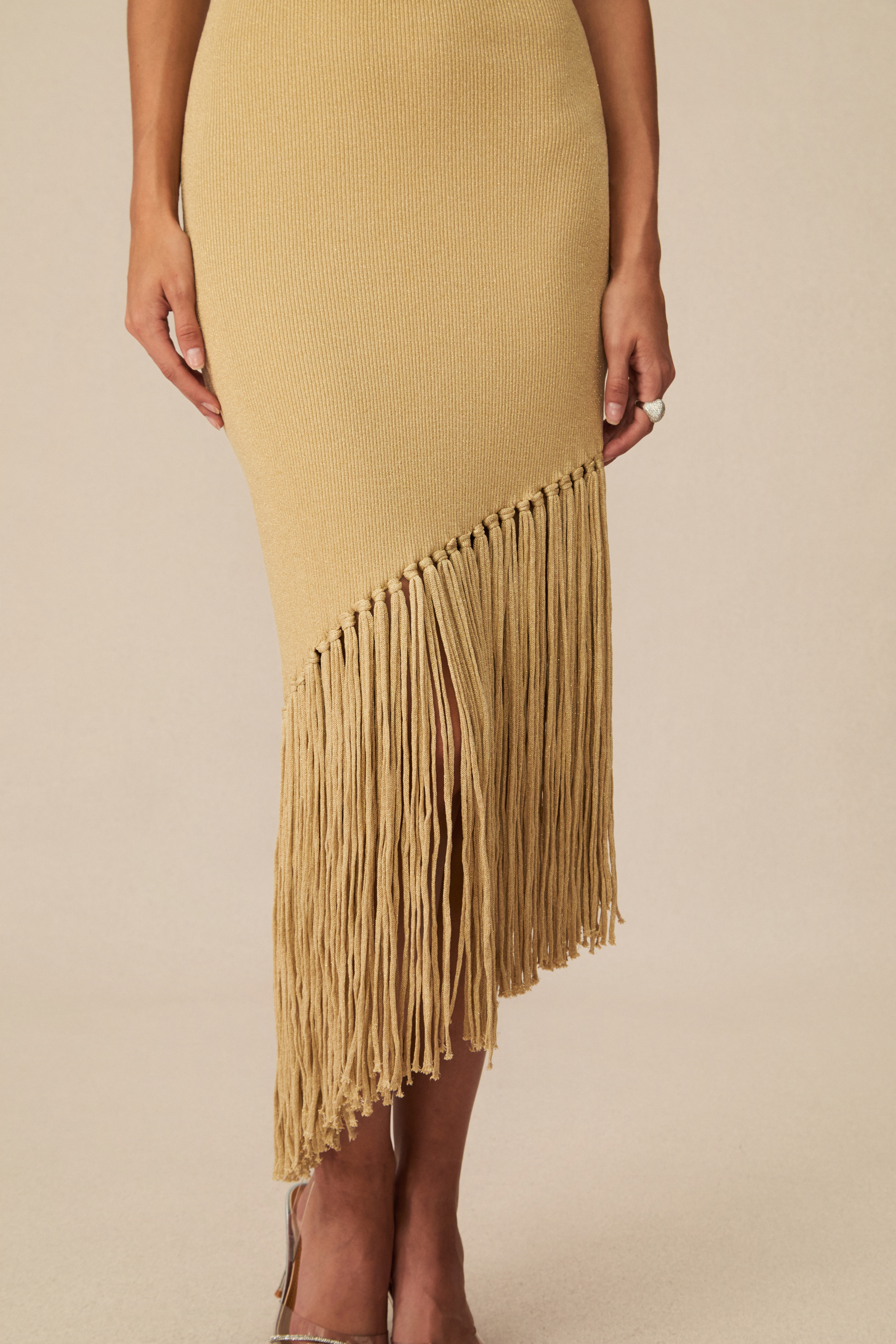 Easily Gorgeous Beige Fringe Knit Midi Dress