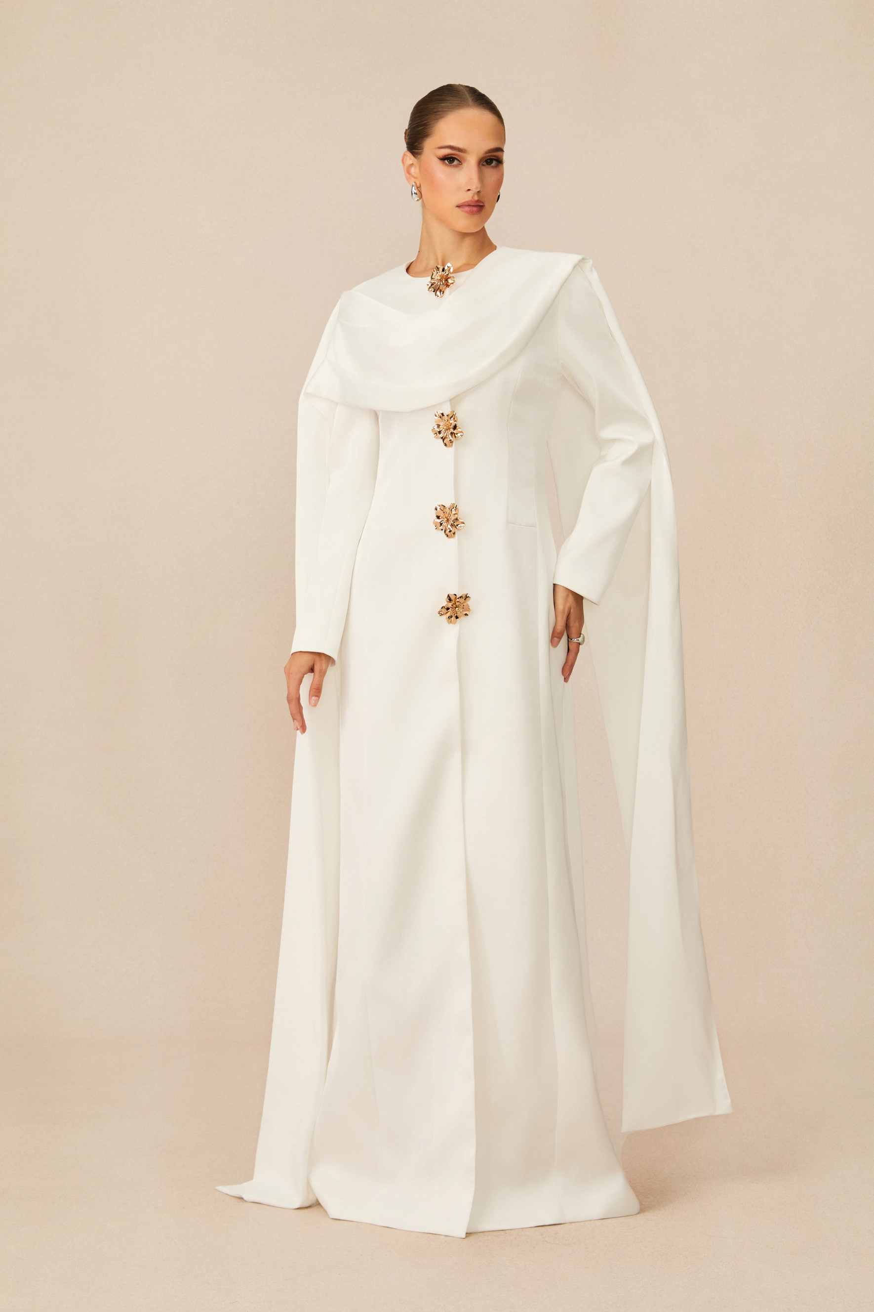 Forever Beloved White Cape Shoulder Floral Button Maxi Dress