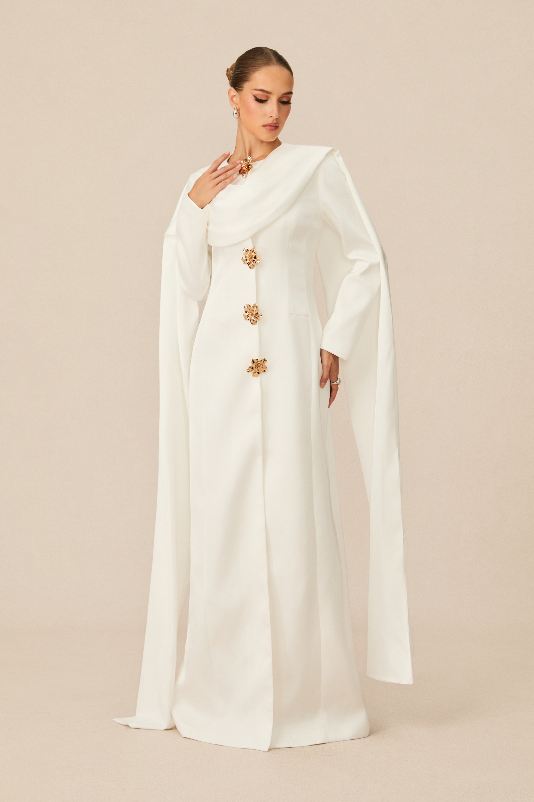 Forever Beloved White Cape Shoulder Floral Button Maxi Dress