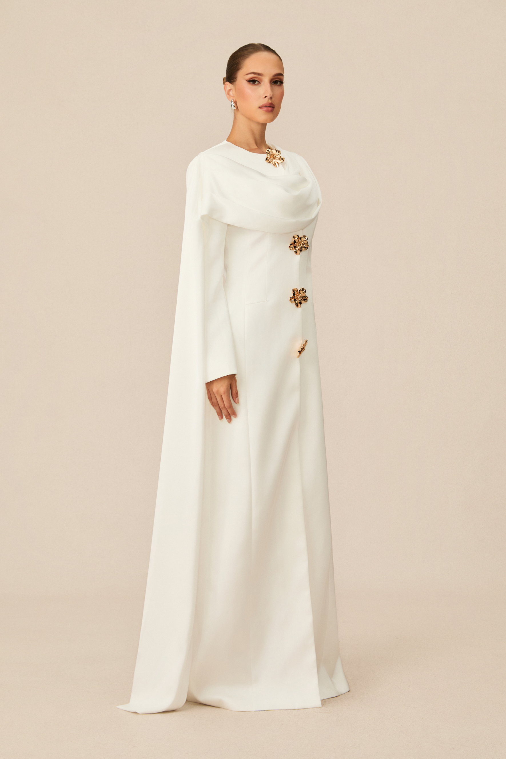 Forever Beloved White Cape Shoulder Floral Button Maxi Dress