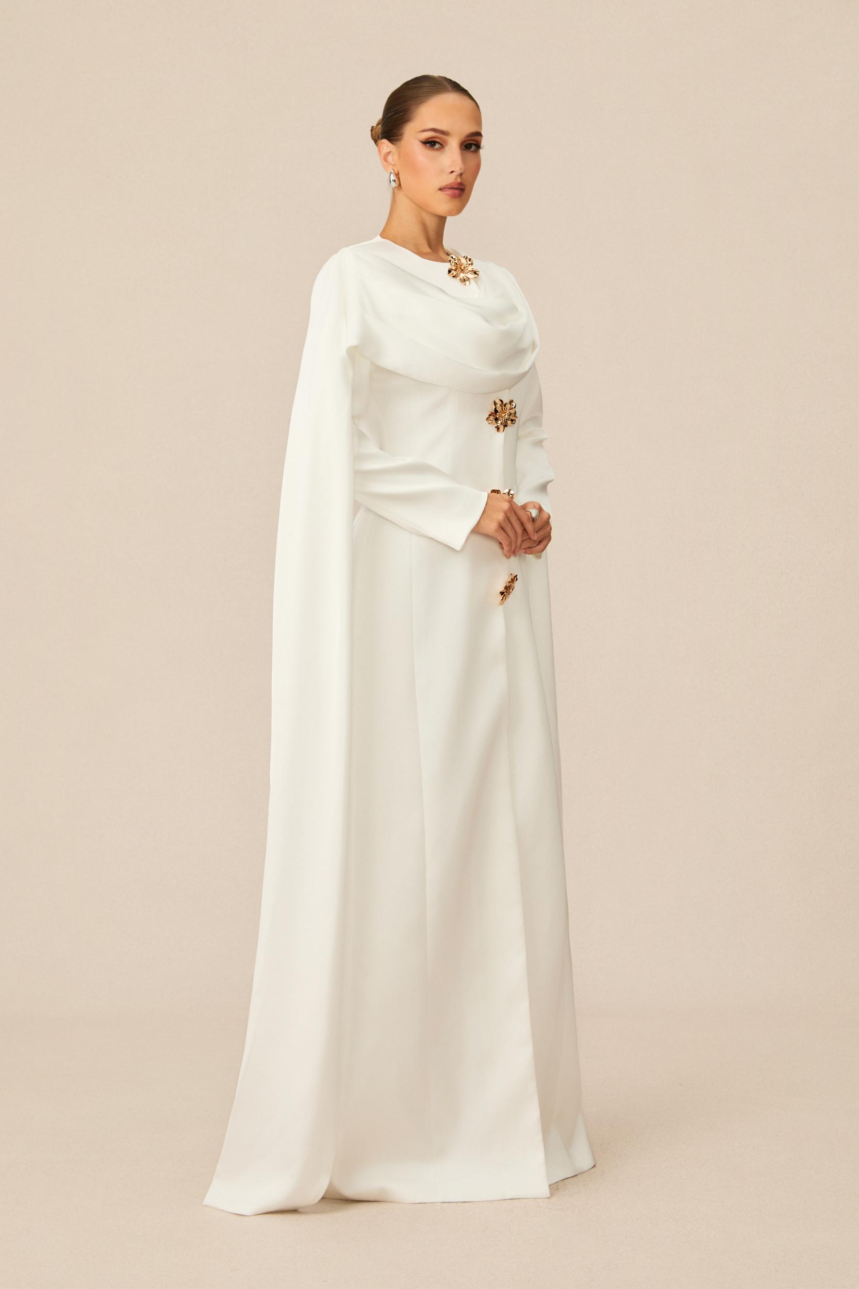 Forever Beloved White Cape Shoulder Floral Button Maxi Dress