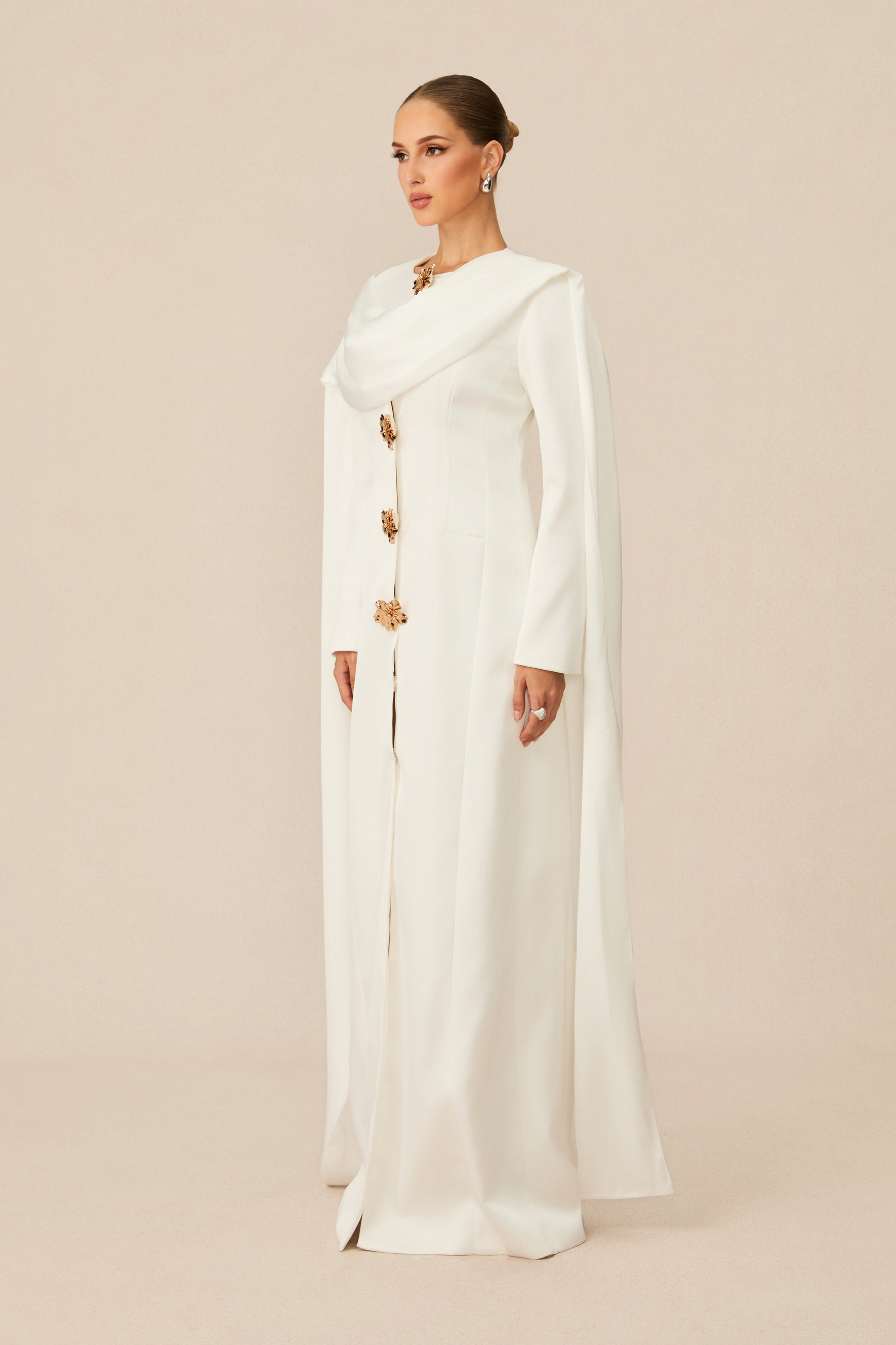 Forever Beloved White Cape Shoulder Floral Button Maxi Dress