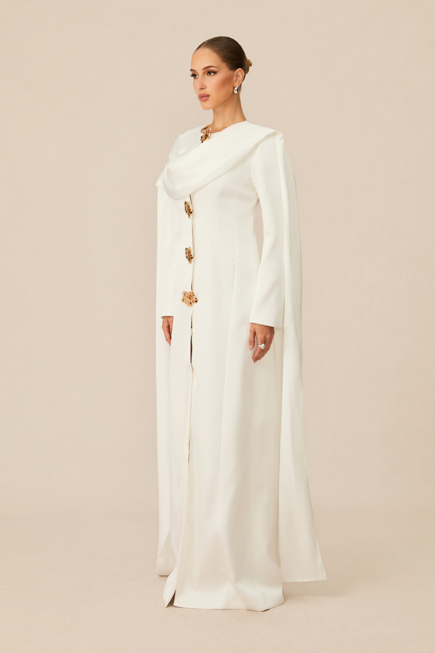 Forever Beloved White Cape Shoulder Floral Button Maxi Dress