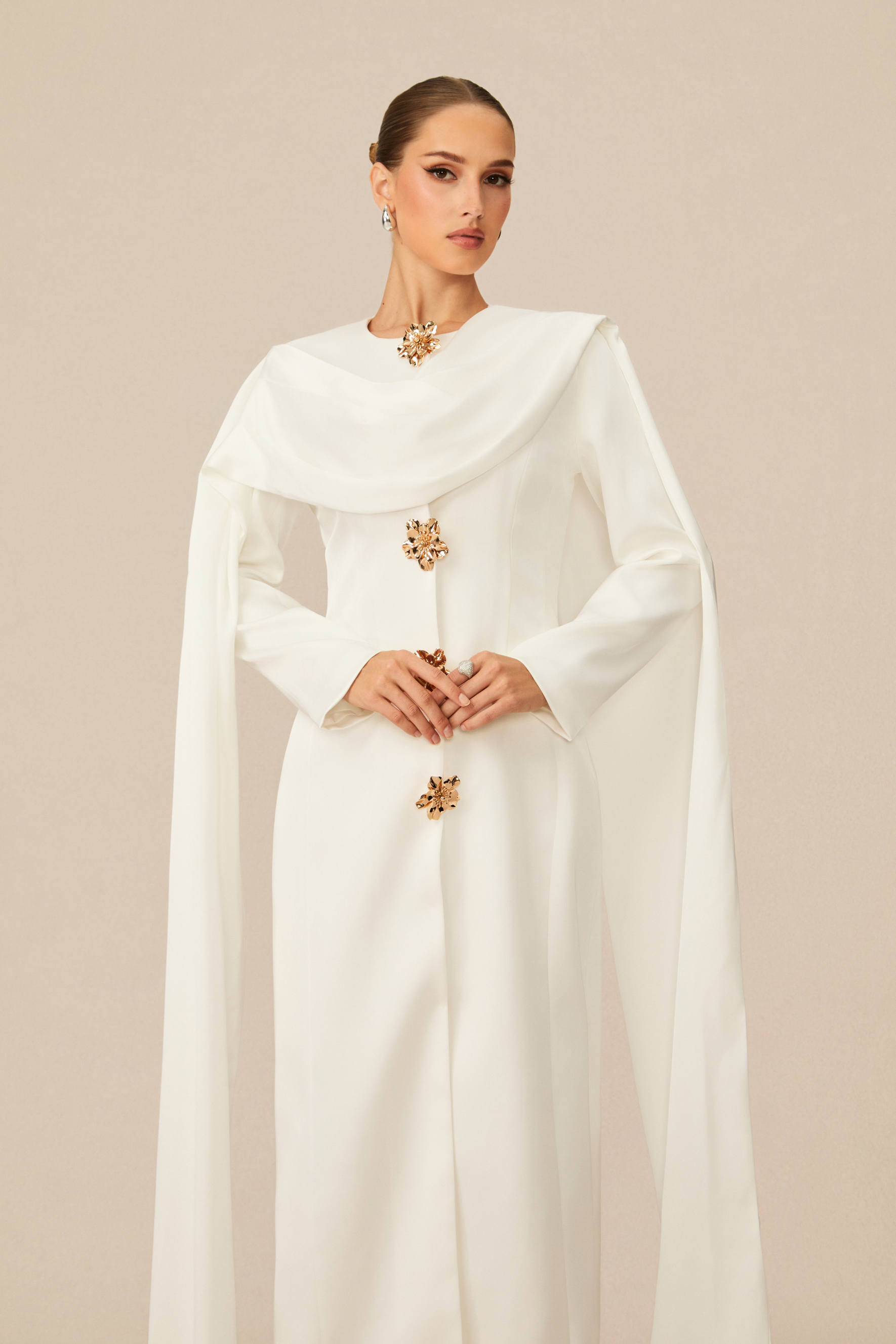 Forever Beloved White Cape Shoulder Floral Button Maxi Dress