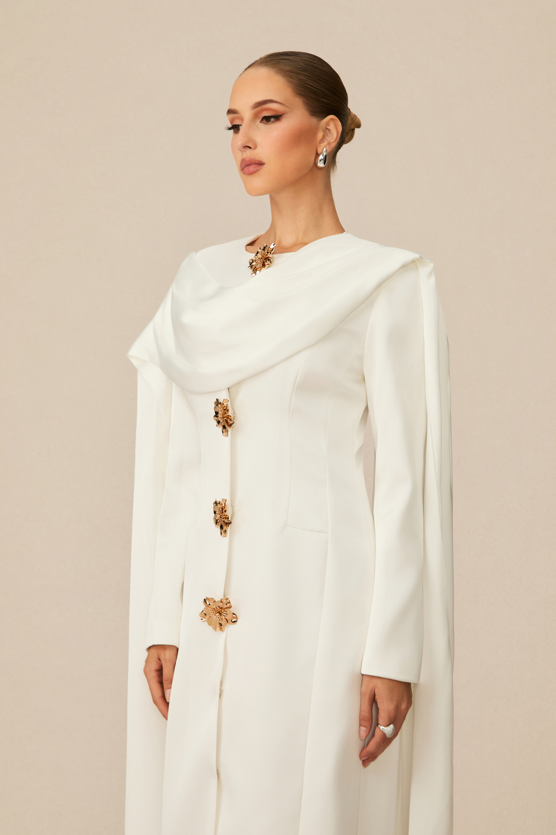 Forever Beloved White Cape Shoulder Floral Button Maxi Dress