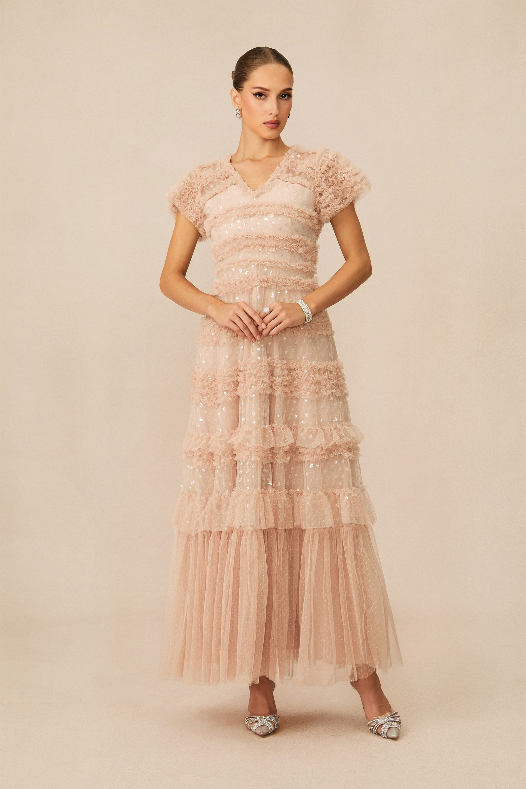 Dreamy Sweetness Nude Short Sleeve Tiered Maxi Dress