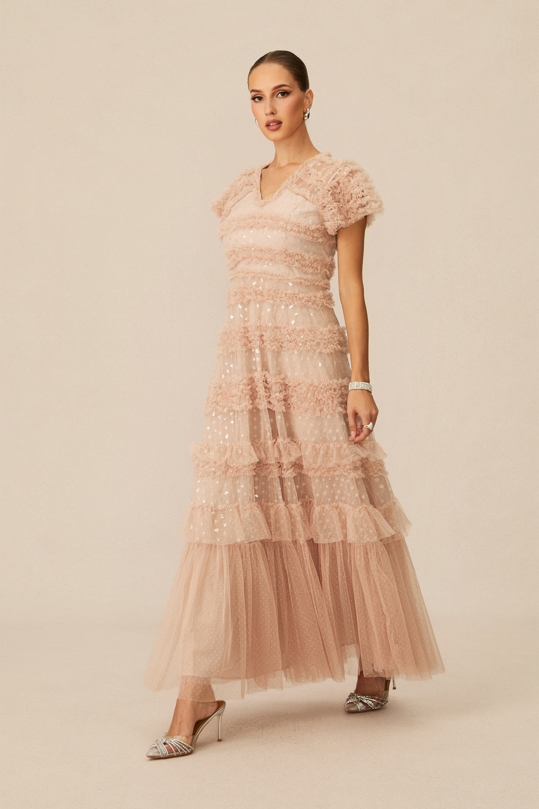 Dreamy Sweetness Nude Short Sleeve Tiered Maxi Dress