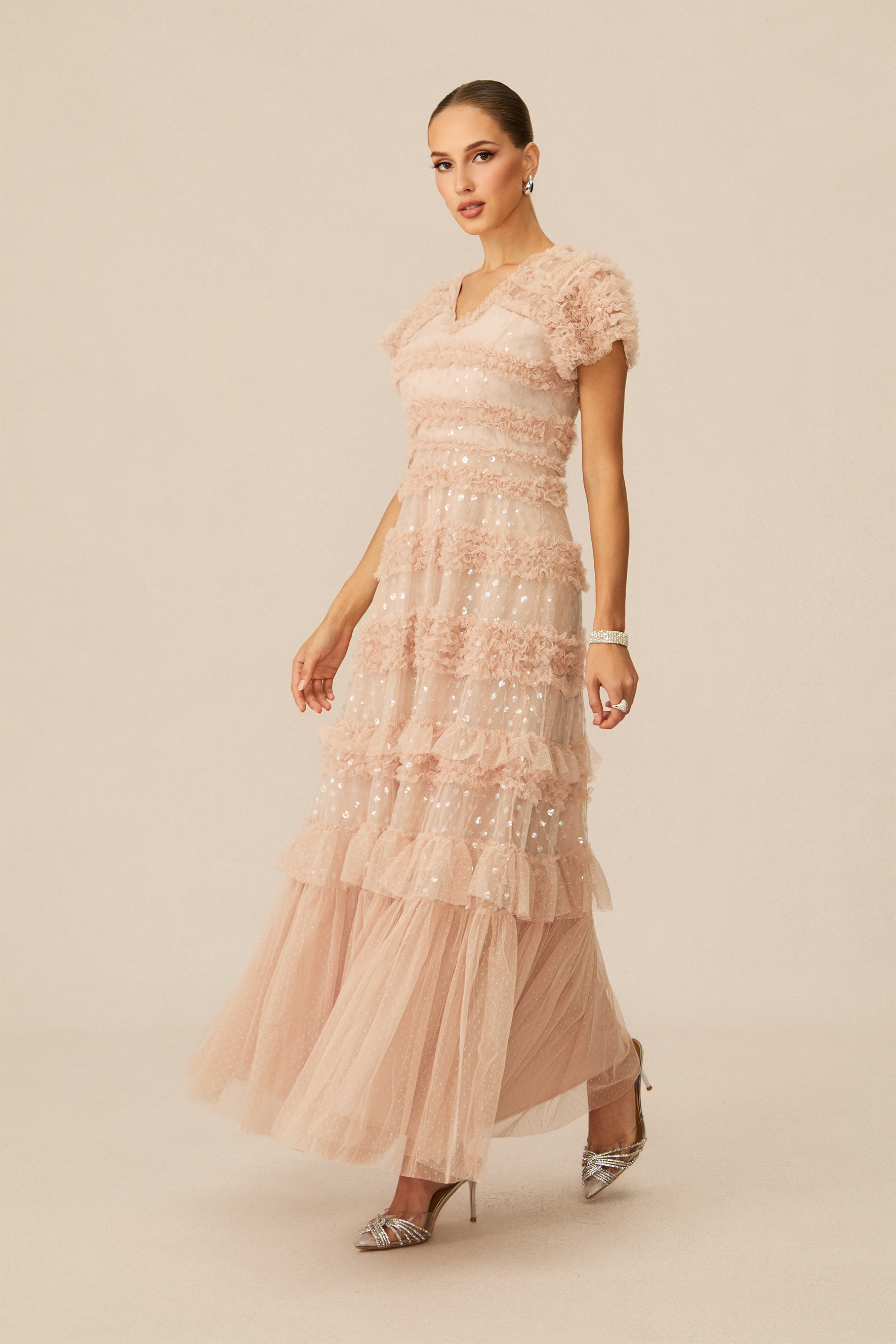Dreamy Sweetness Nude Short Sleeve Tiered Maxi Dress