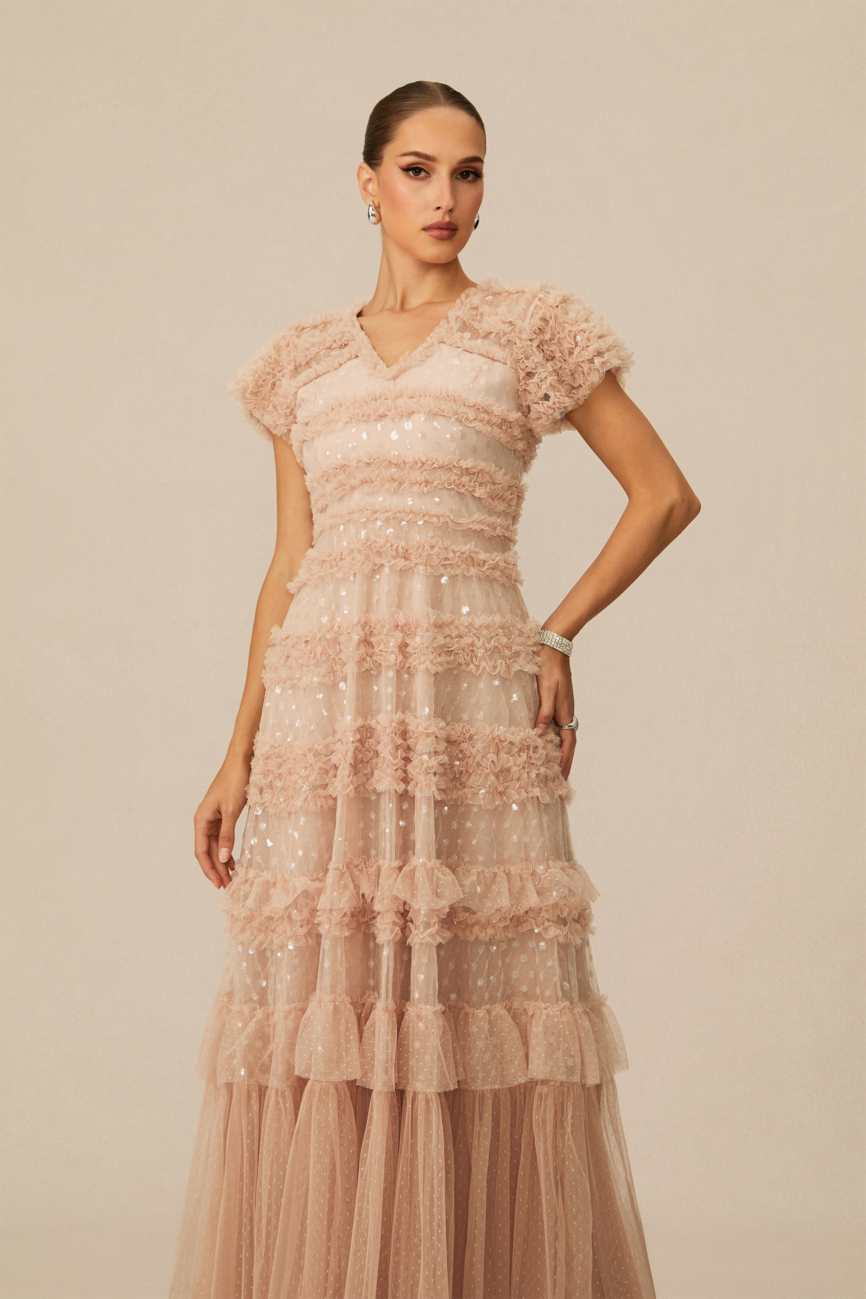 Dreamy Sweetness Nude Short Sleeve Tiered Maxi Dress