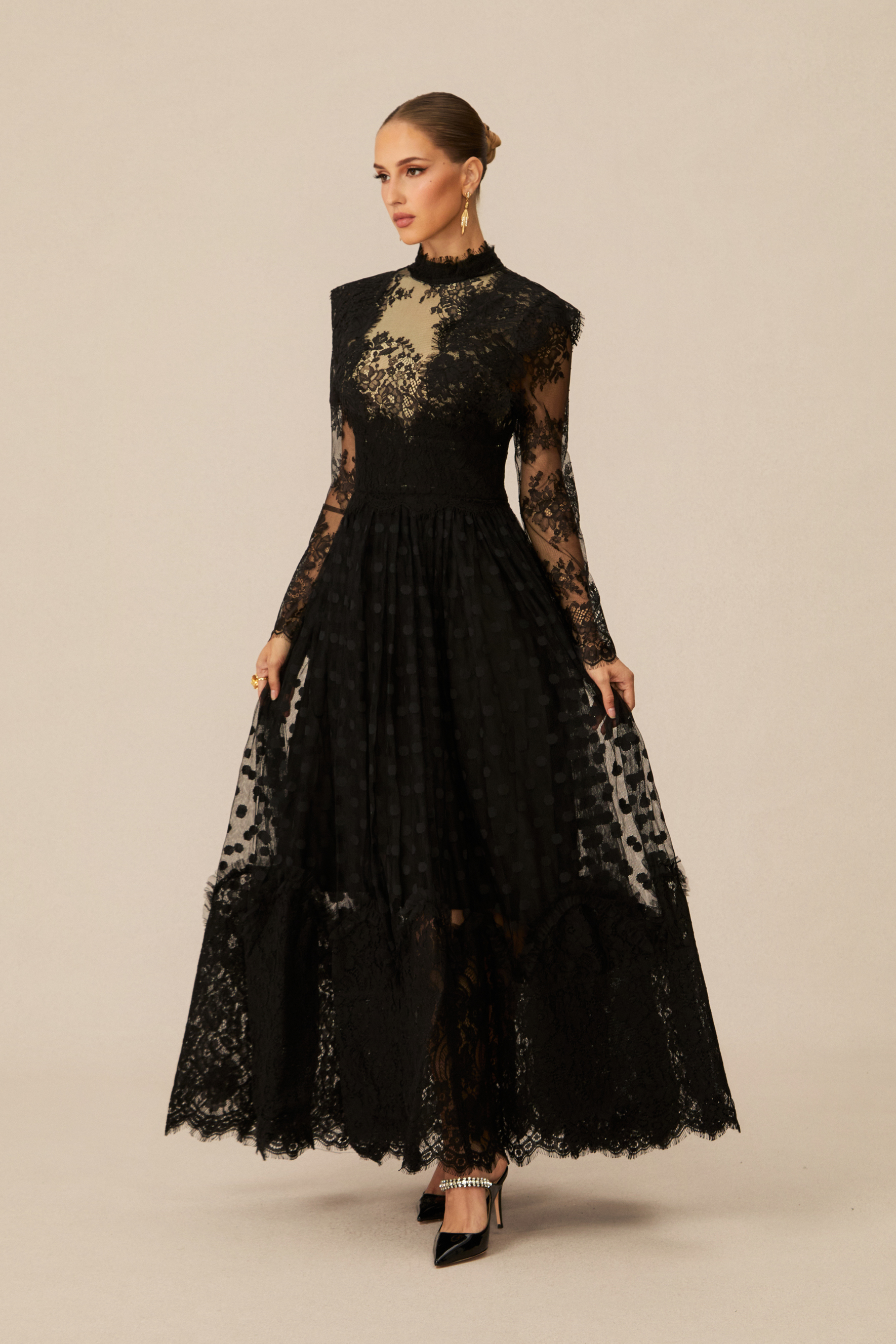 Elegant Enchantment Black Polka Dot Lace Maxi Dress