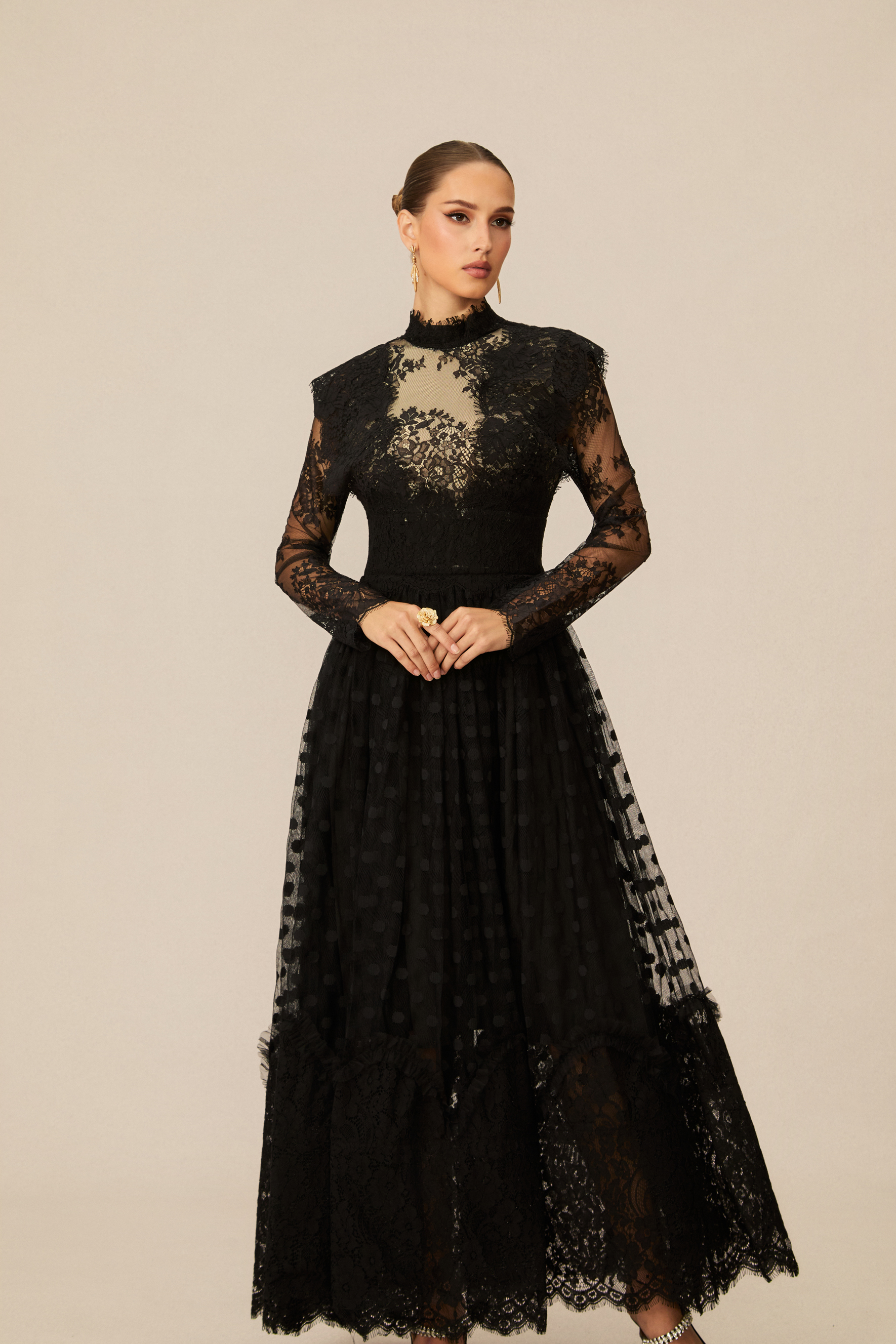 Elegant Enchantment Black Polka Dot Lace Maxi Dress