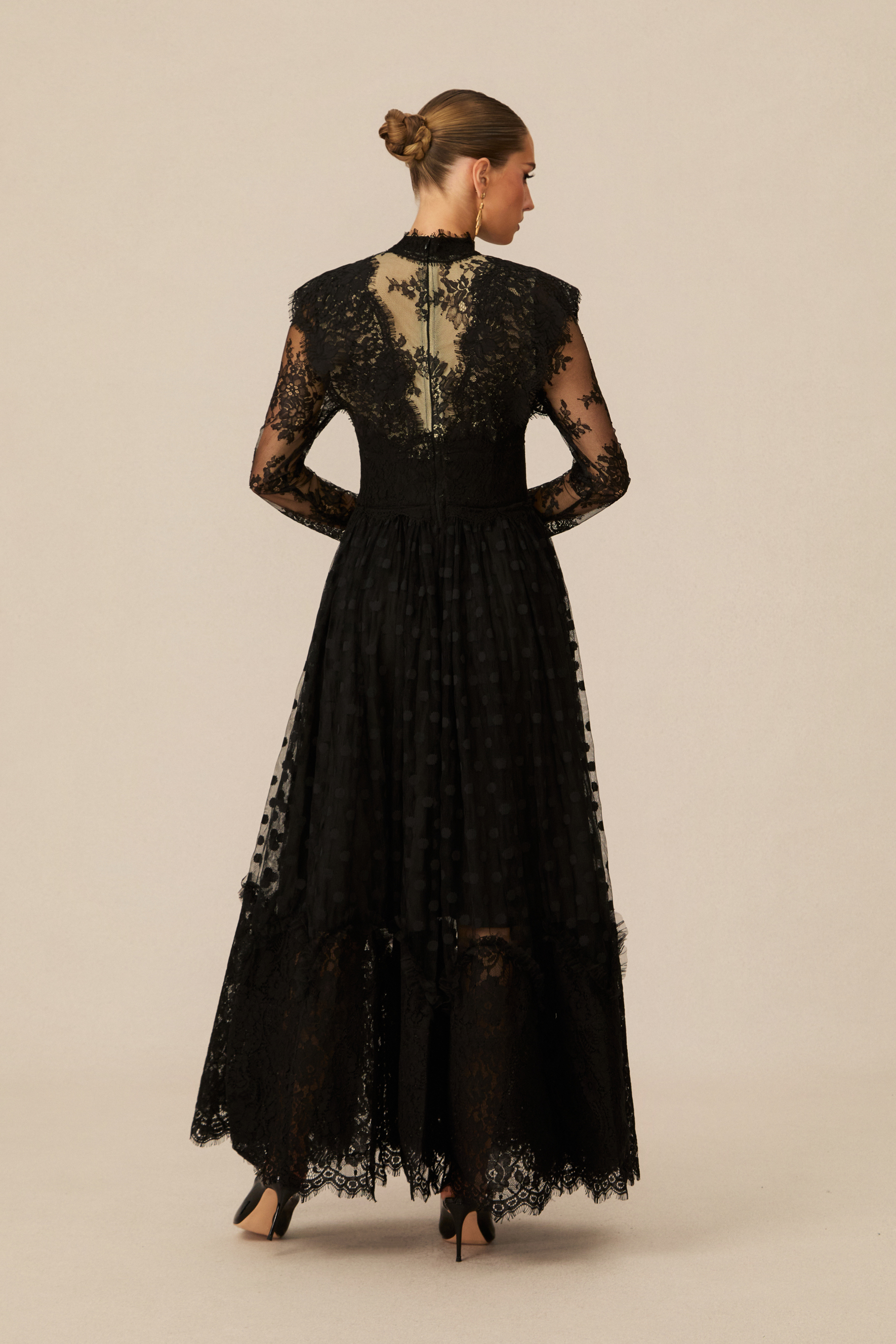 Elegant Enchantment Black Polka Dot Lace Maxi Dress