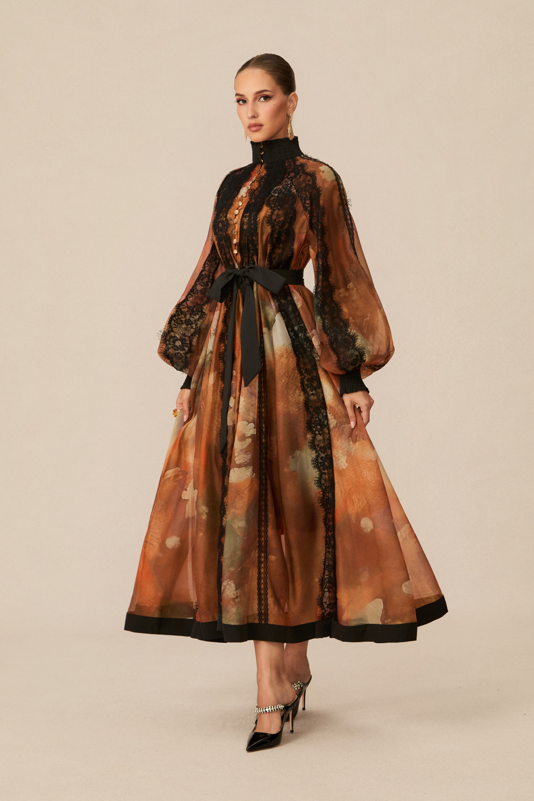 Alluring Glam Orange Lace Panel Midi Dress