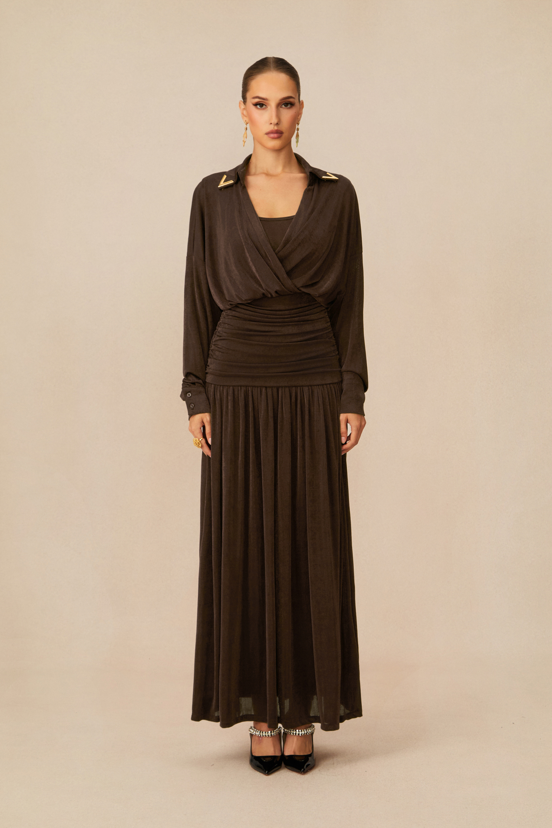 Lois V-Neck Ruched Waist Maxi Dress