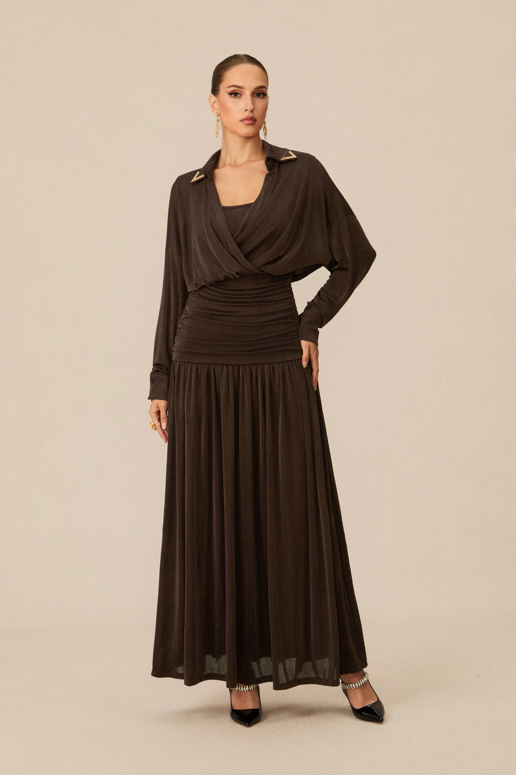Lois V-Neck Ruched Waist Maxi Dress